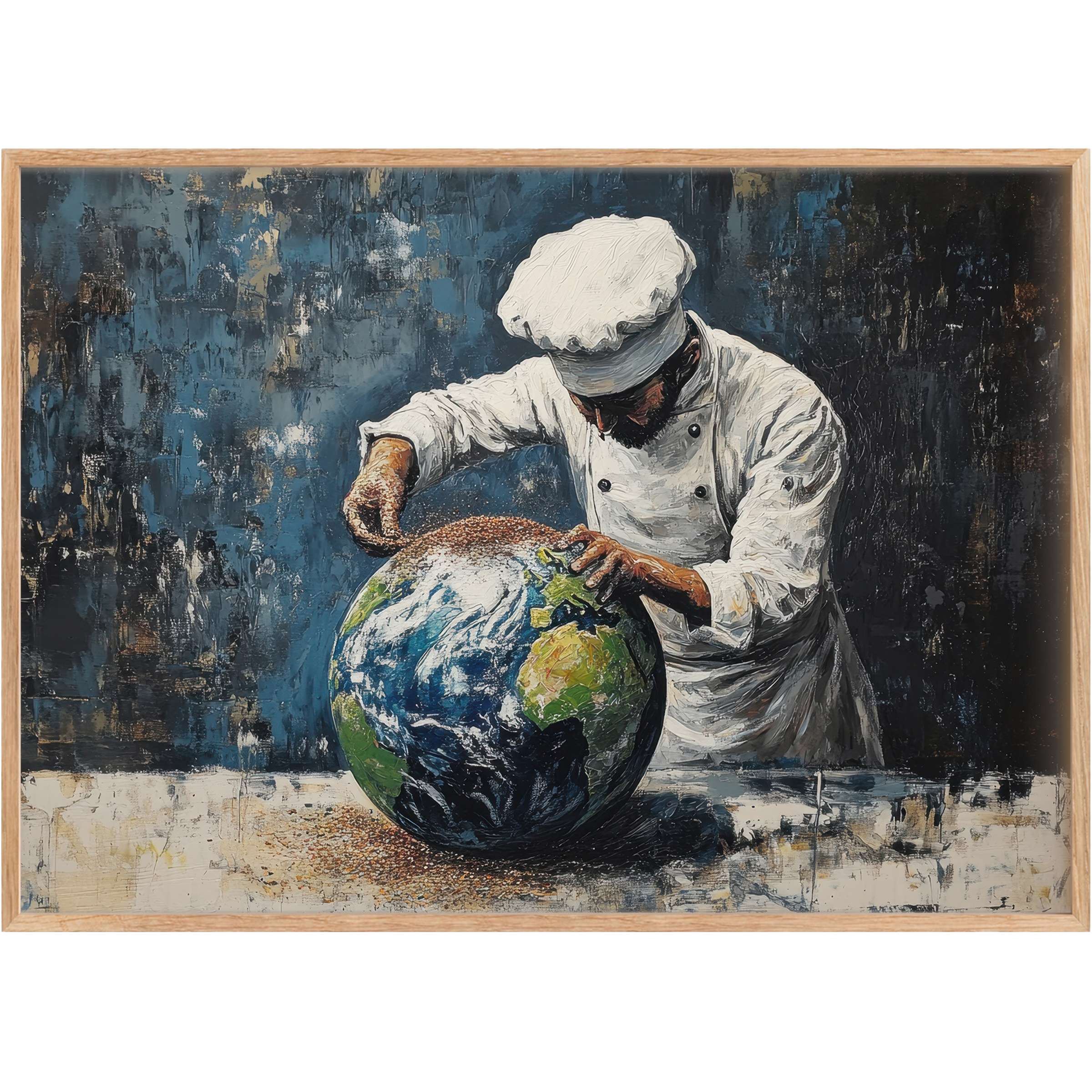 Street art printable wall art capturing a chef delicately seasoning a vibrant Earth globe, evoking thoughtful creativity with deep blues and earthy tones