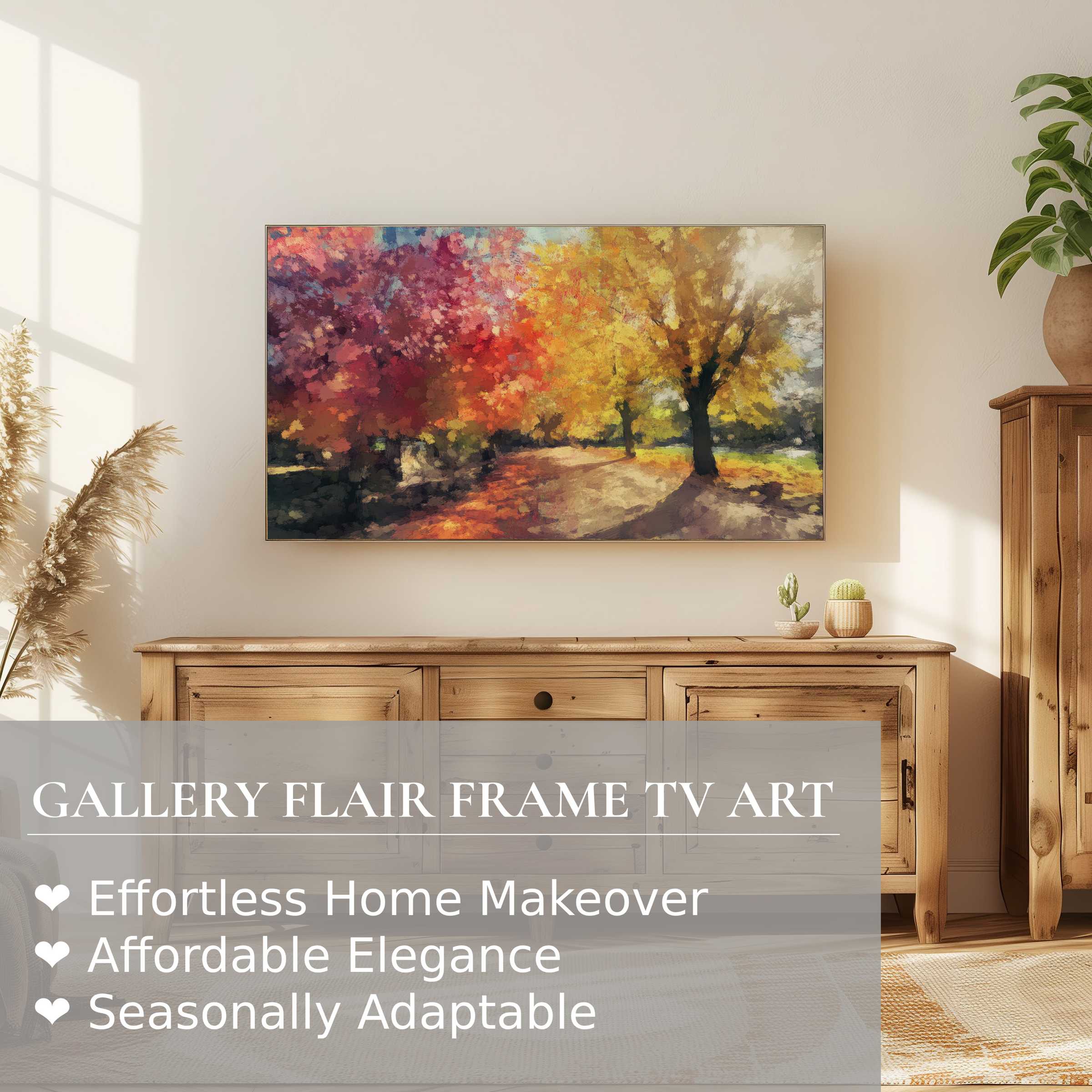 Samsung Frame TV showcases vibrant tree digital artwork in a warm, modern living room with natural wood accents