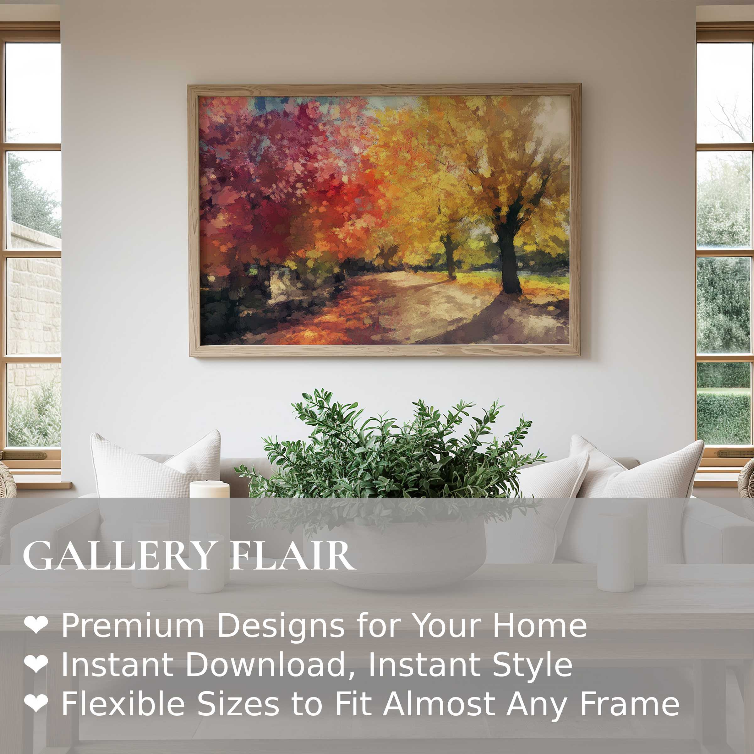 Vibrant tree wall art print capturing radiant autumn hues, enriching modern living spaces with warmth and serene nature-inspired elegance
