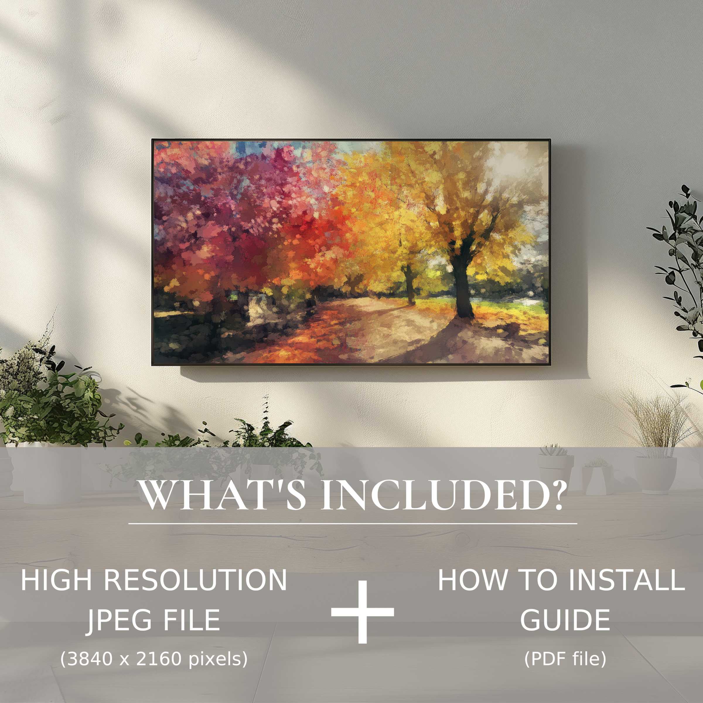 Elegant tree digital TV art download with vibrant autumn hues, easily enhancing any modern living space digitally