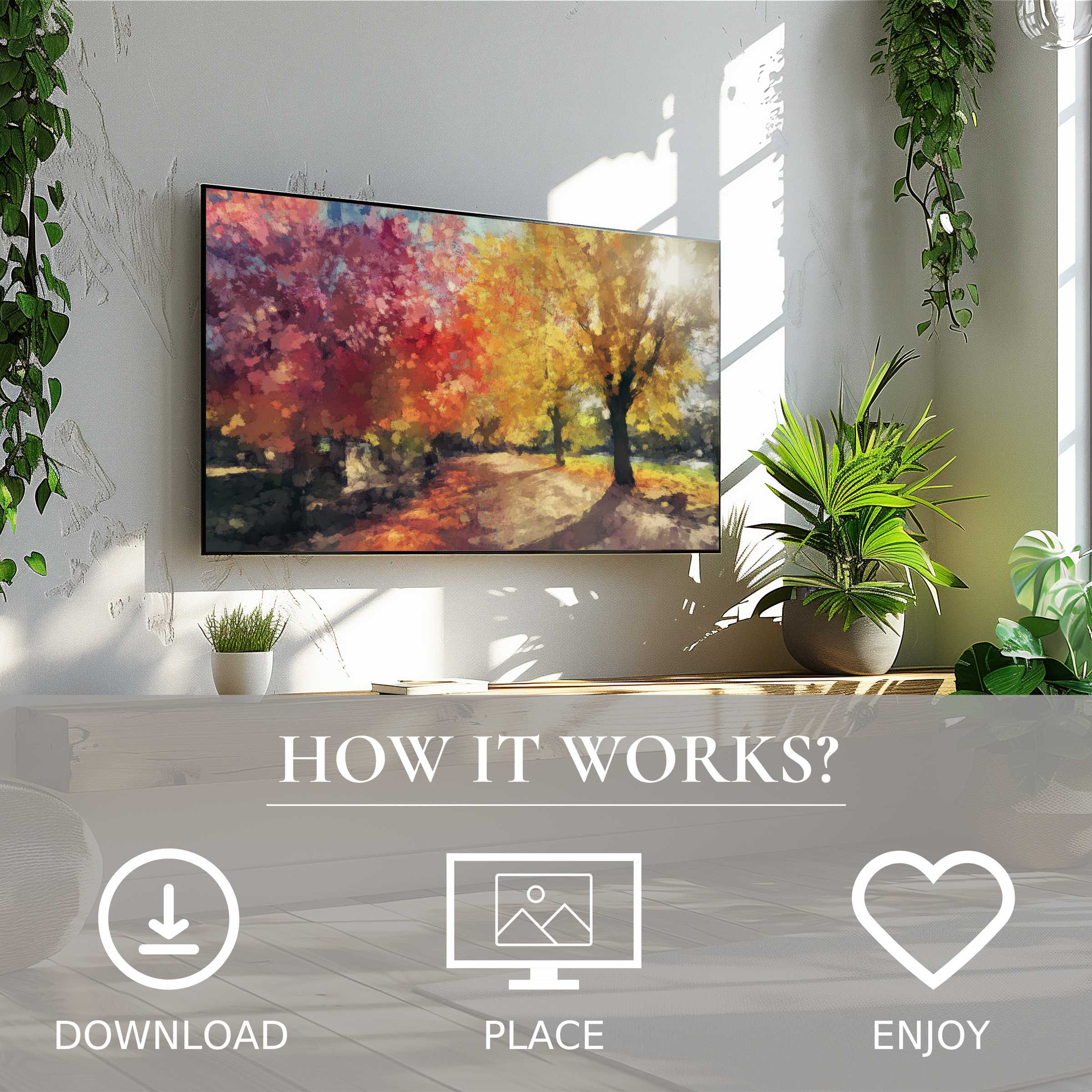 Tree art for Samsung TV shows warm autumn tones on a sleek Frame TV, easily downloaded to enhance stylish living spaces