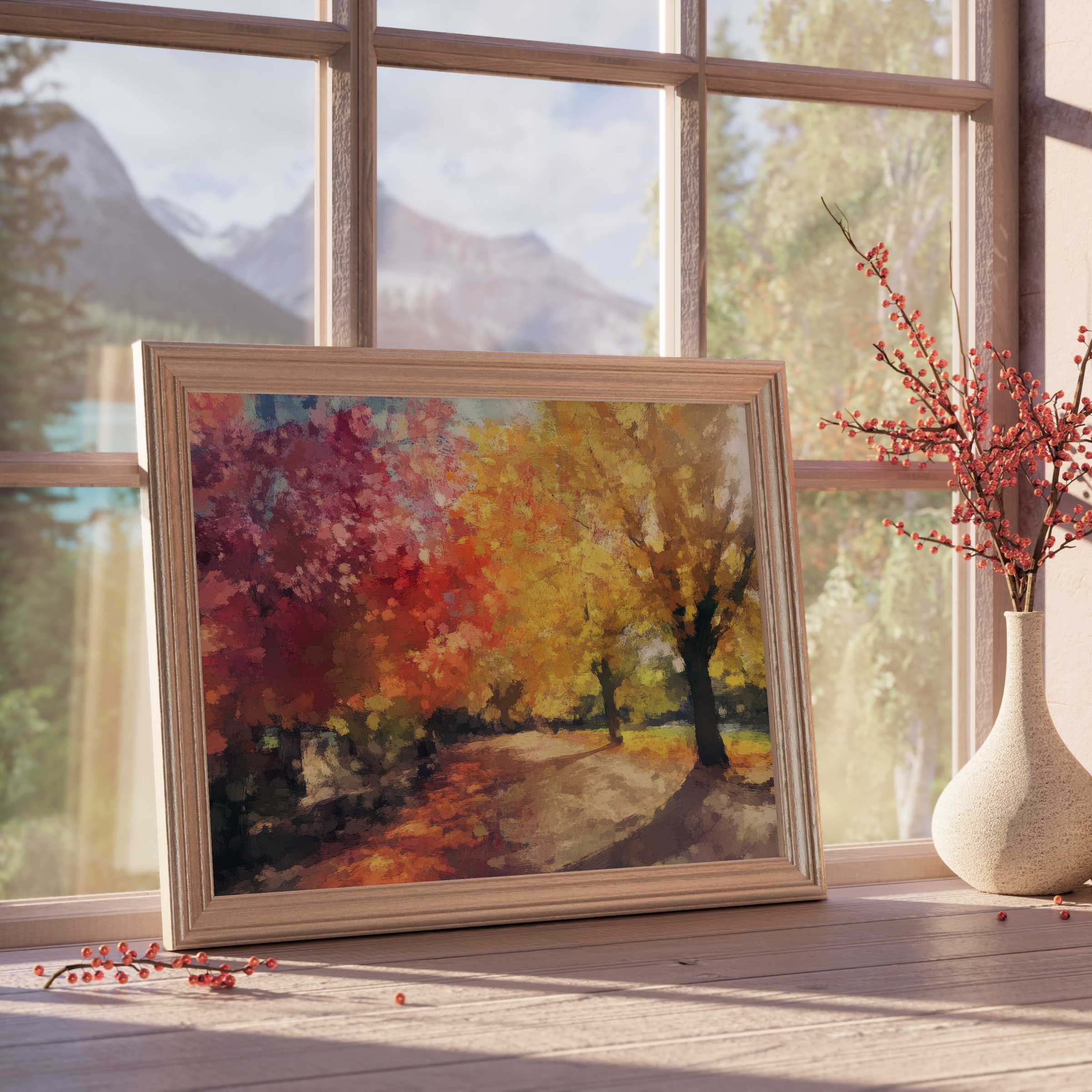 Tree downloadable art capturing autumn’s warm glow, elevating serene, curated interiors with vibrant fall foliage