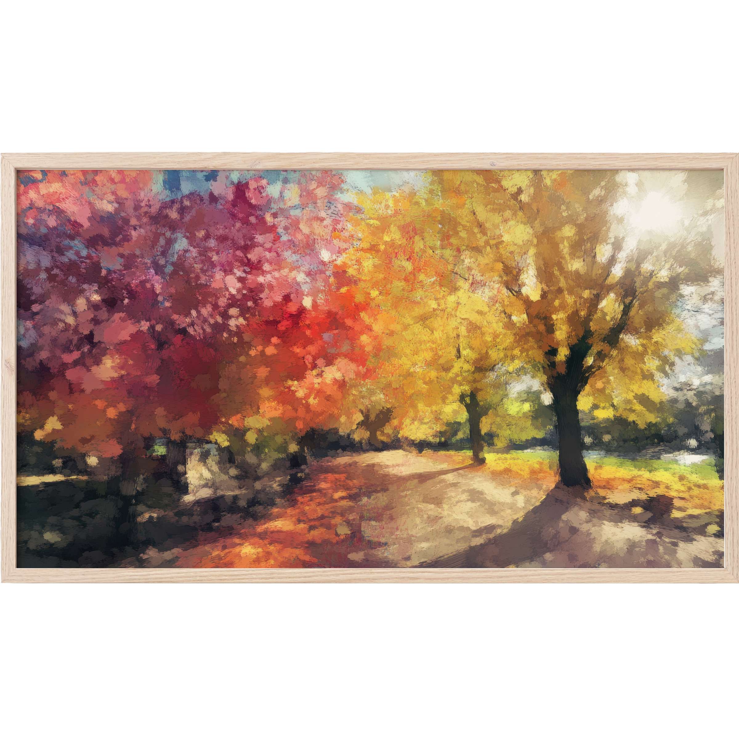 Vibrant autumn scene in warm reds and yellows, impressionist style with soft brushstrokes, tree Frame TV Art