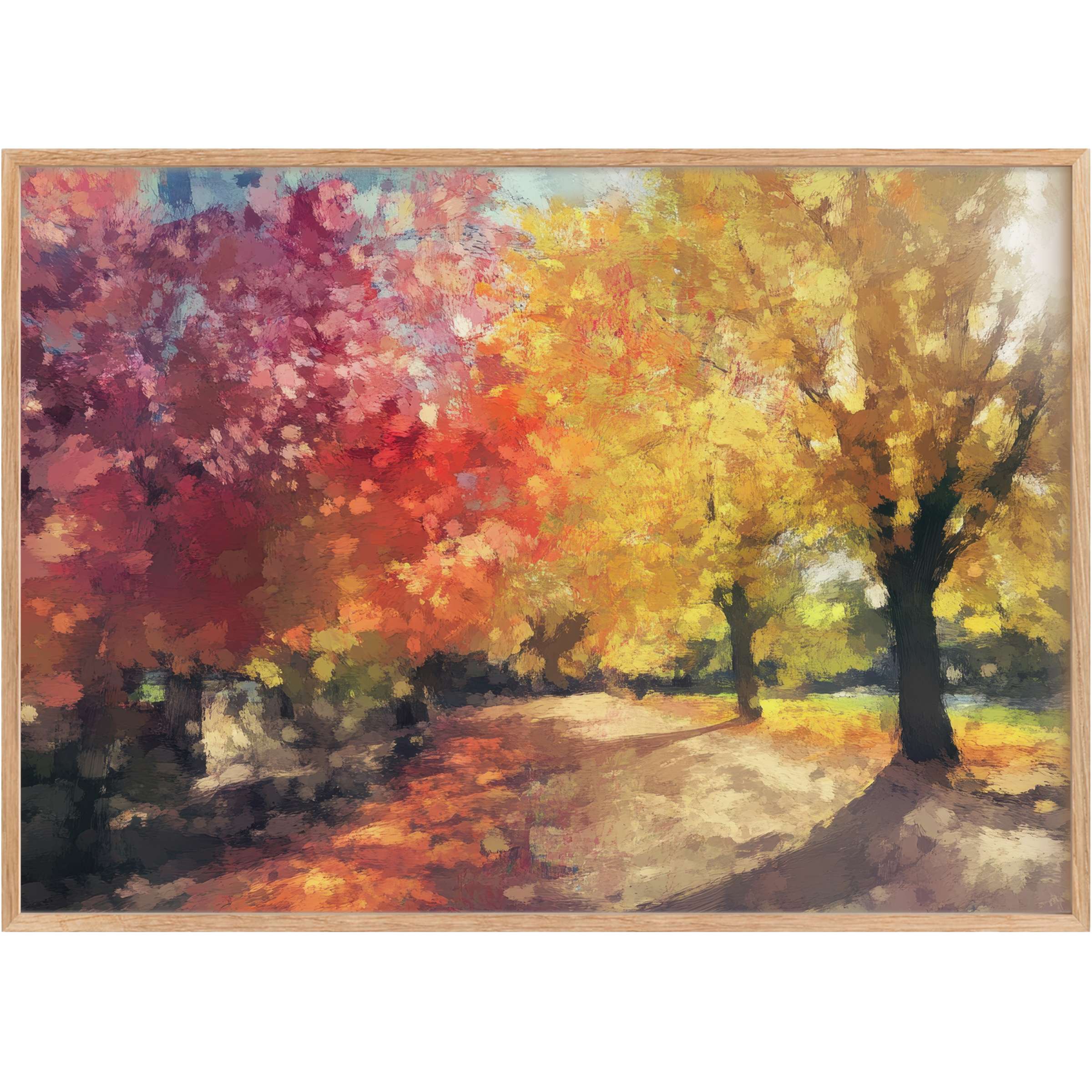 Vibrant tree printable wall art radiates warm autumn hues of gold, crimson, and amber, evoking a serene, sunlit escape