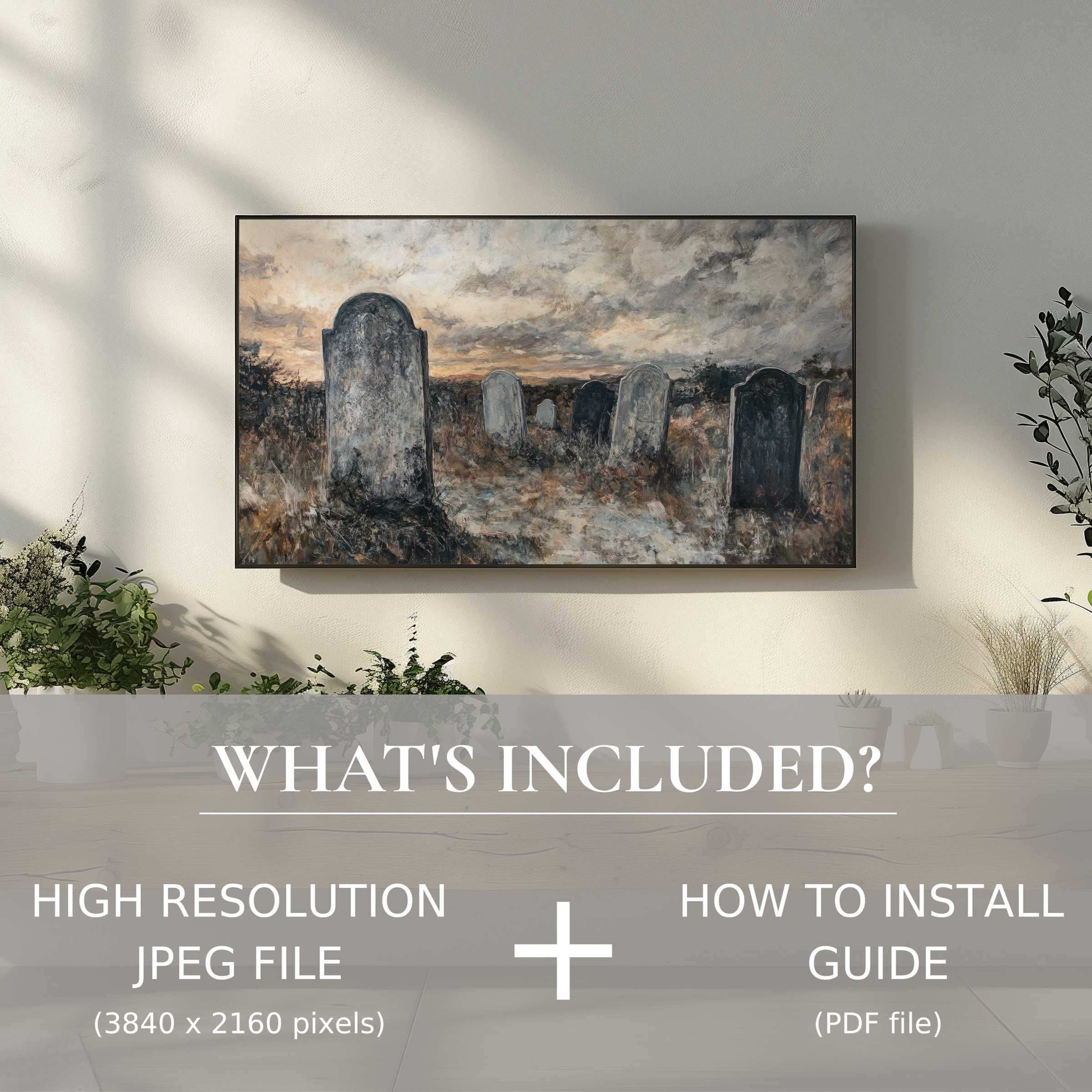 Elegant Halloween digital TV art download featuring moody graveyard, easily uplifts stylish living spaces