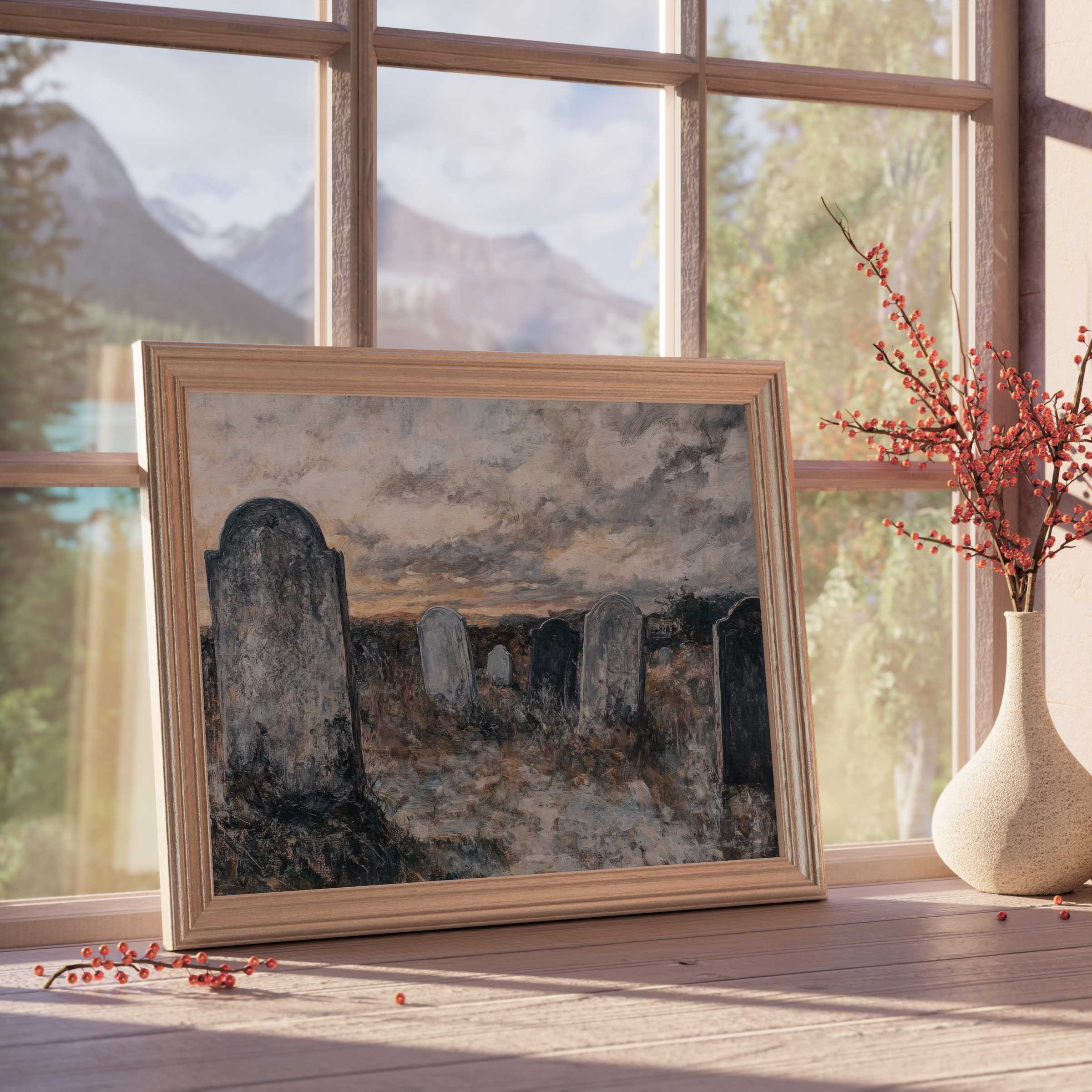 Hauntingly elegant Halloween downloadable art featuring moody gravestones bathed in twilight, perfect for curated autumn interiors