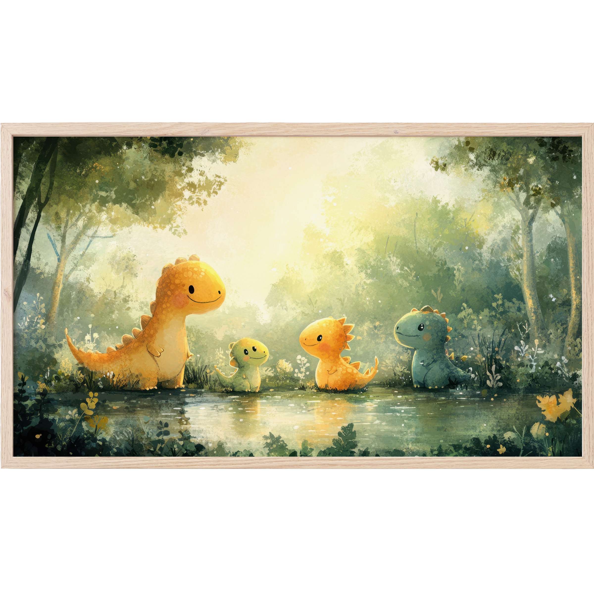 Whimsical dinosaur family in soft greens and golds, bathed in warm light - nursery Frame TV Art with dreamy charm