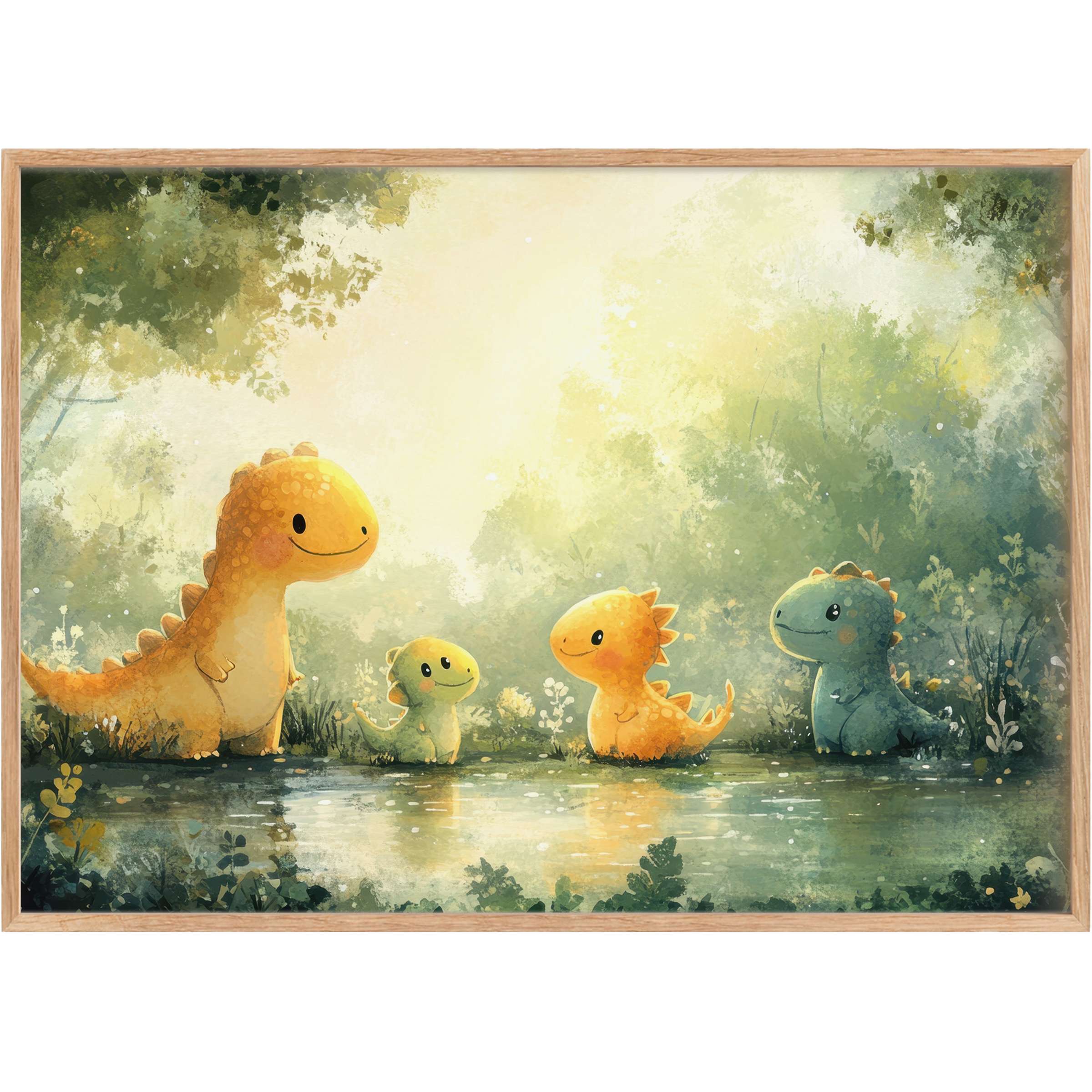 Charming nursery printable wall art featuring joyful dinosaur family bathed in warm golden light, evoking peaceful, enchanting calm