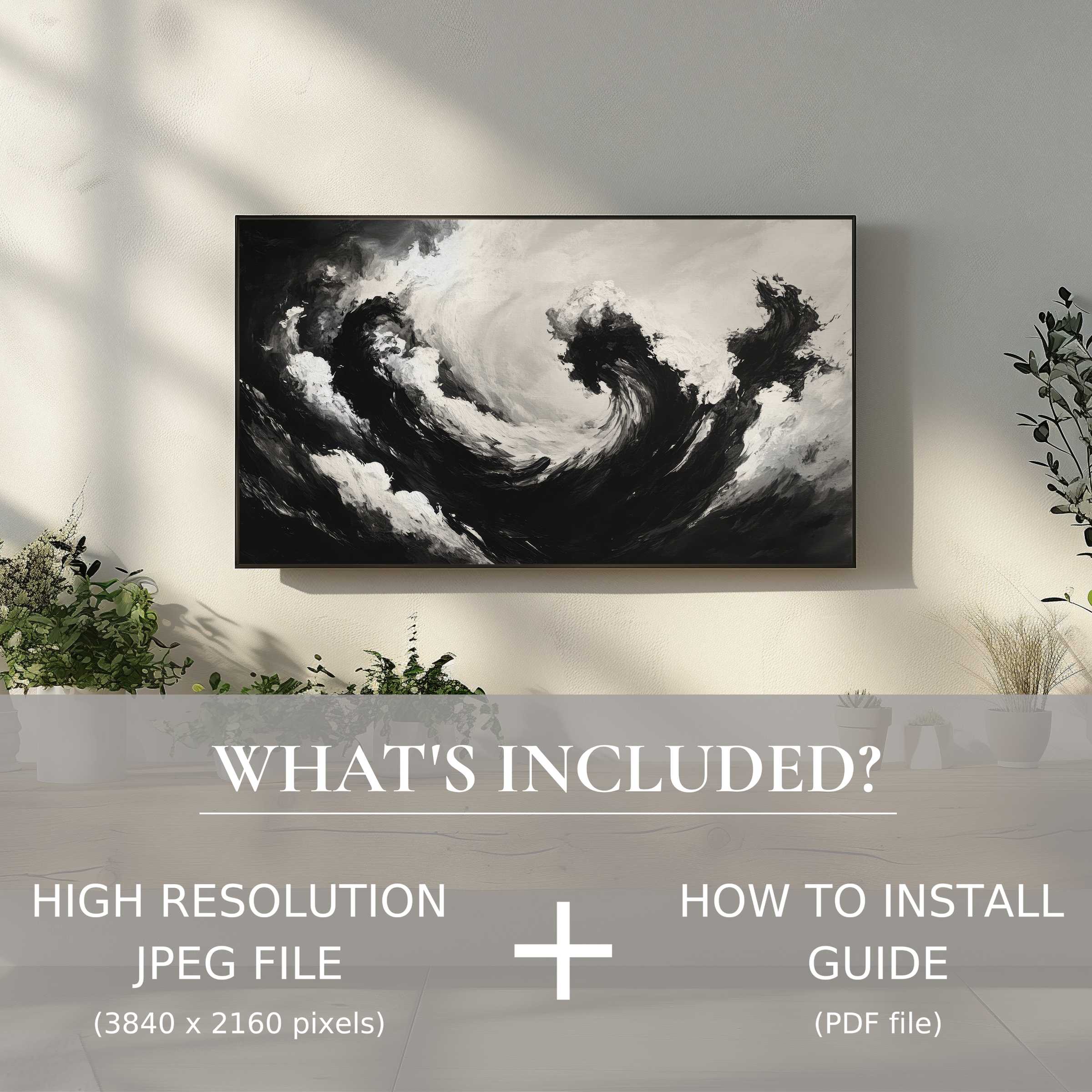 Elegant black and white digital TV art download enhances stylish living rooms with easy digital use and striking modern flair