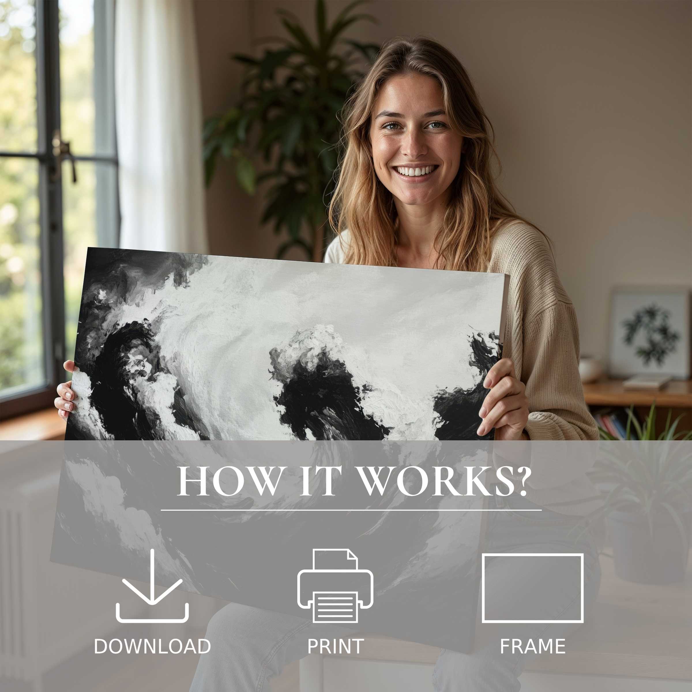 Contemporary black and white digital art print radiates serene joy in a modern home, effortlessly elevating everyday elegance