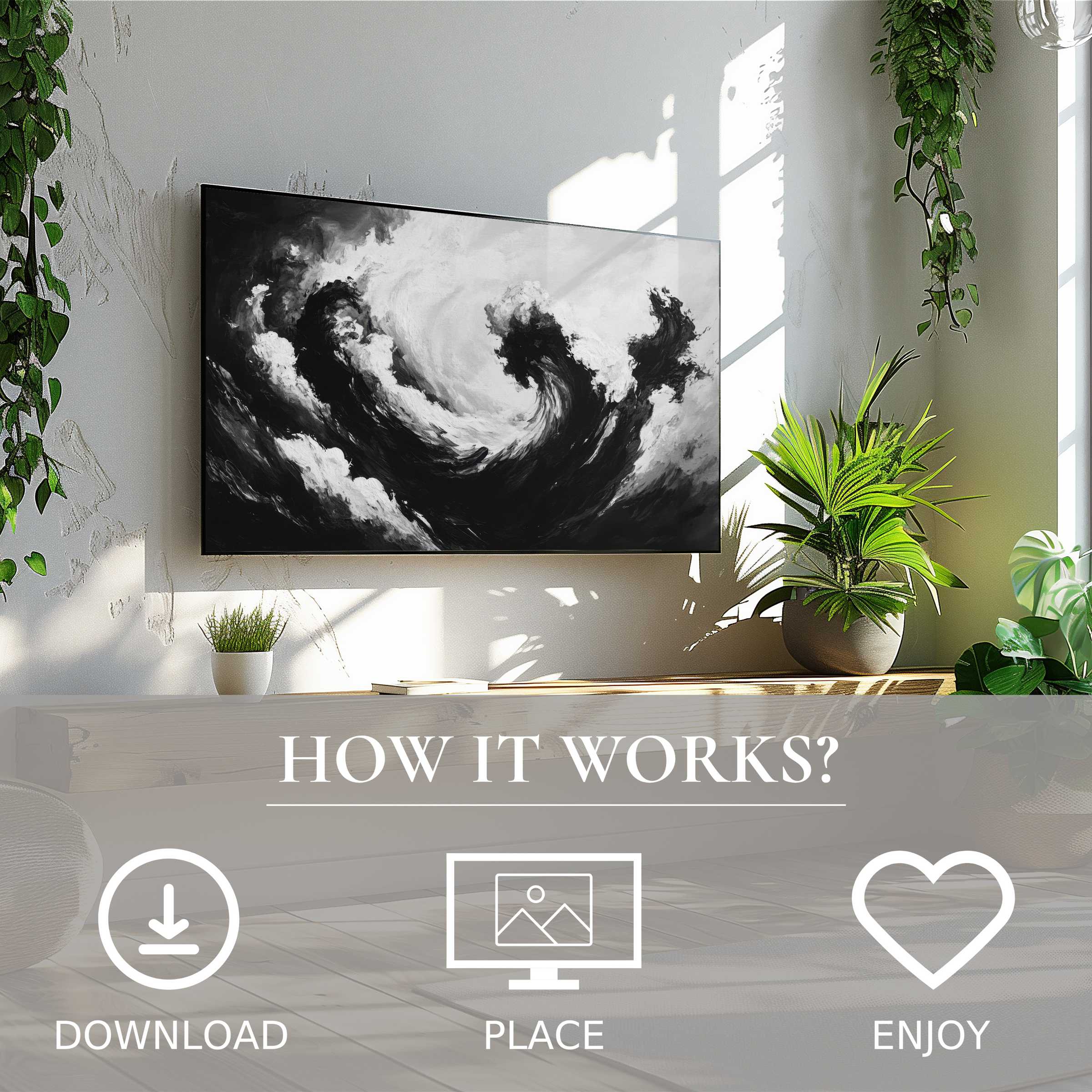 Black and white art for Samsung TV with fluid wave motif, easy digital download enriches modern living spaces