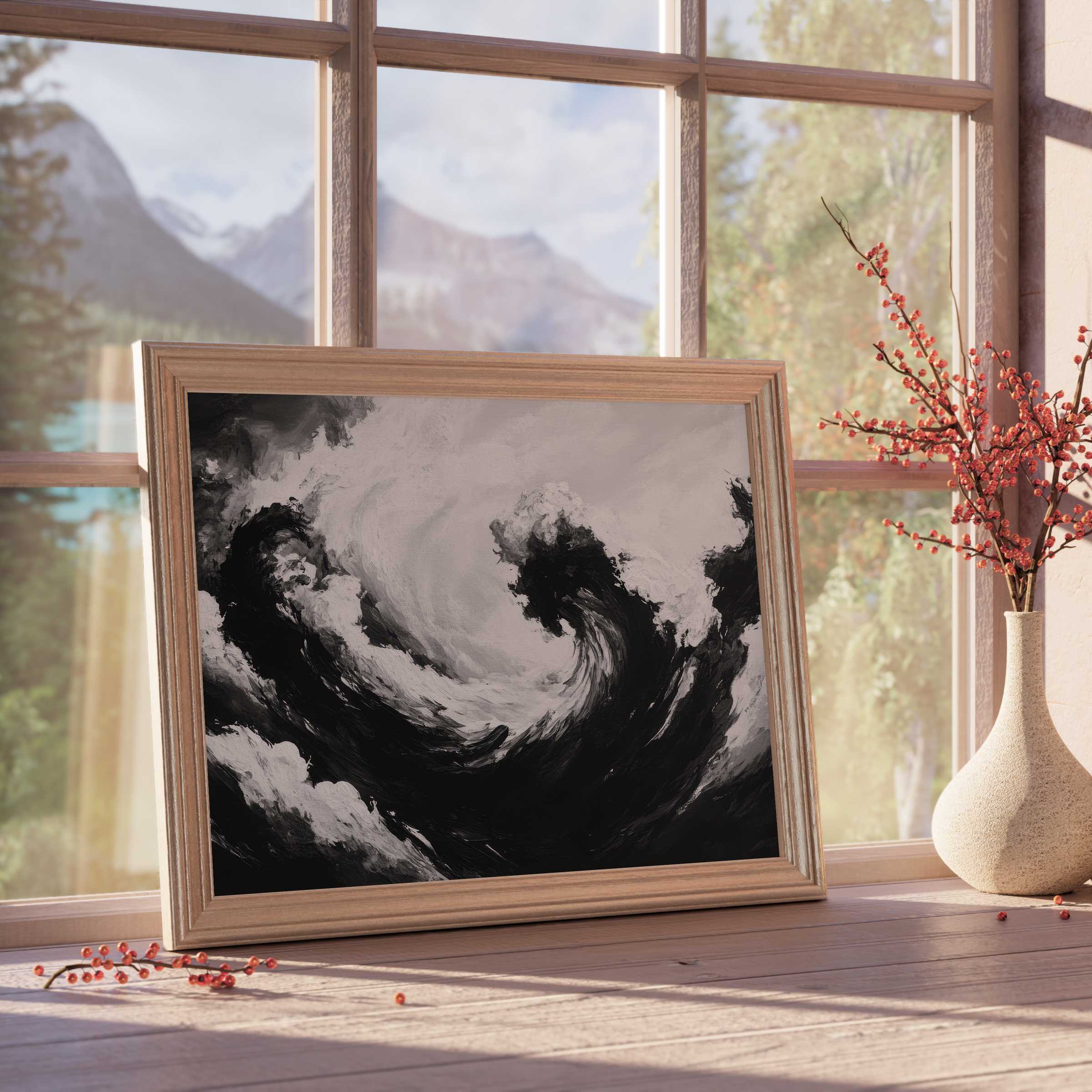 Monochrome ocean wave in black and white downloadable art, designed to infuse serene, curated interiors with dynamic, elegant movement and timeless style