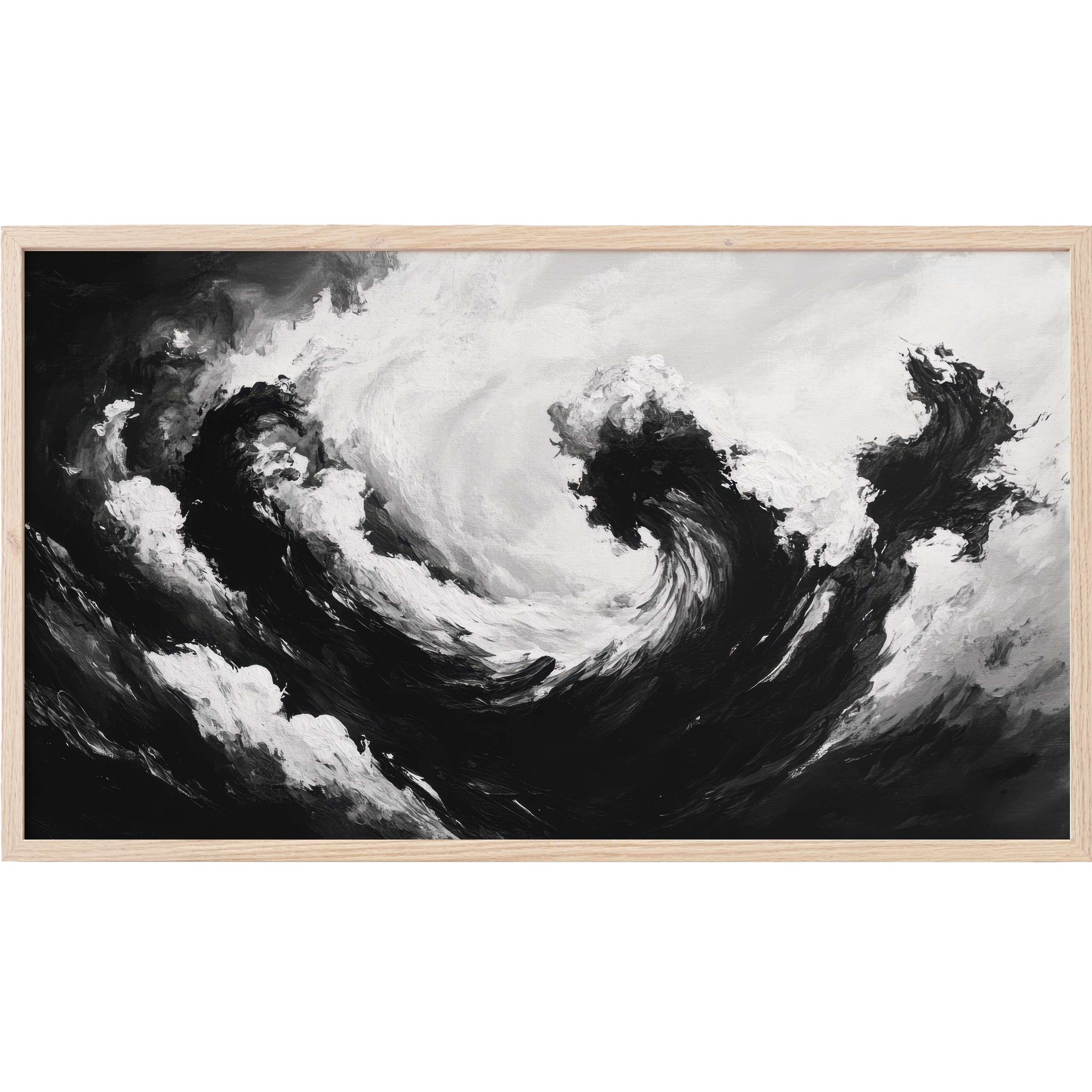 Dynamic black and white Frame TV Art featuring bold, swirling waves in an elegant modern monochrome palette