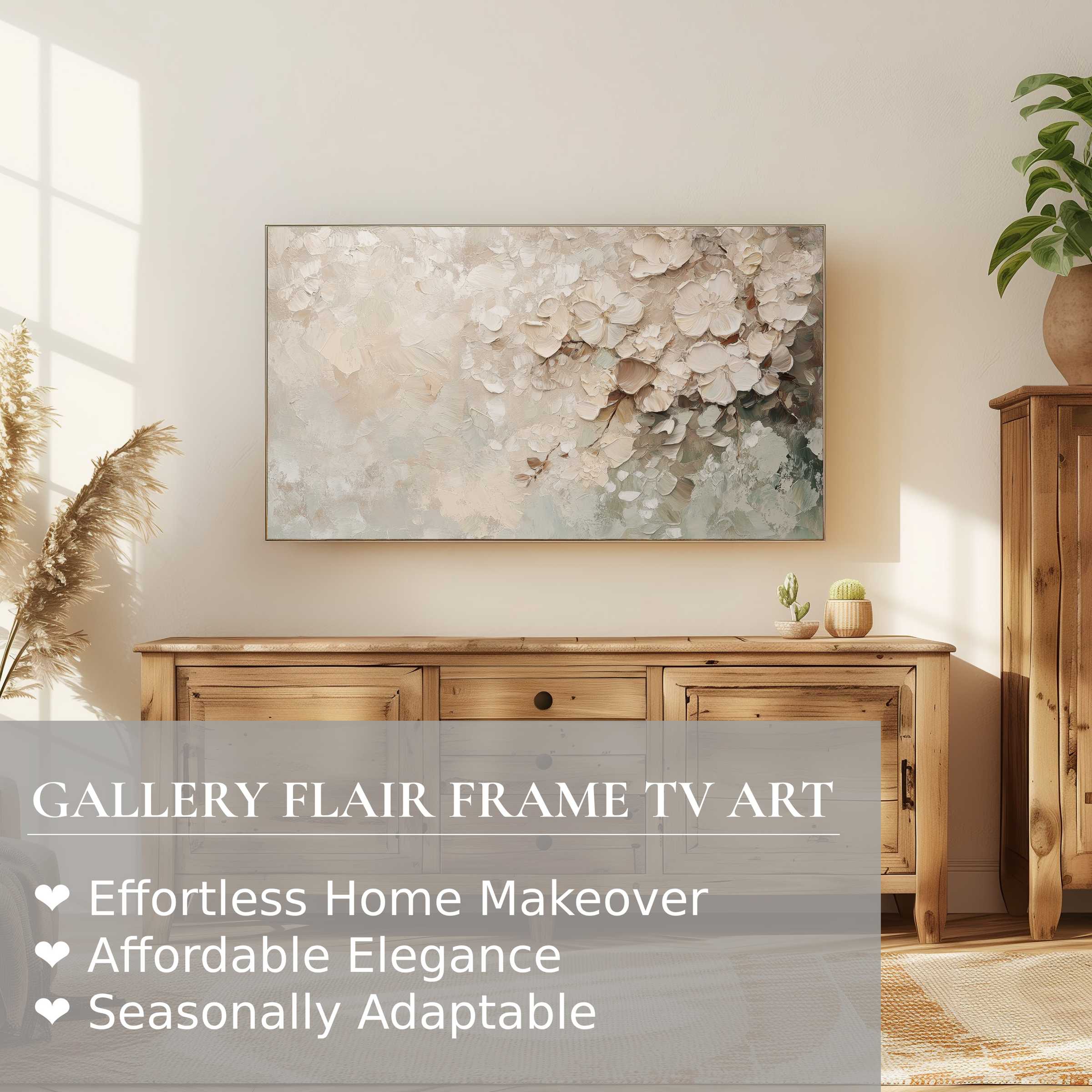 Samsung Frame TV showcasing botanical digital artwork in a refined, sunlit living space with natural wood accents