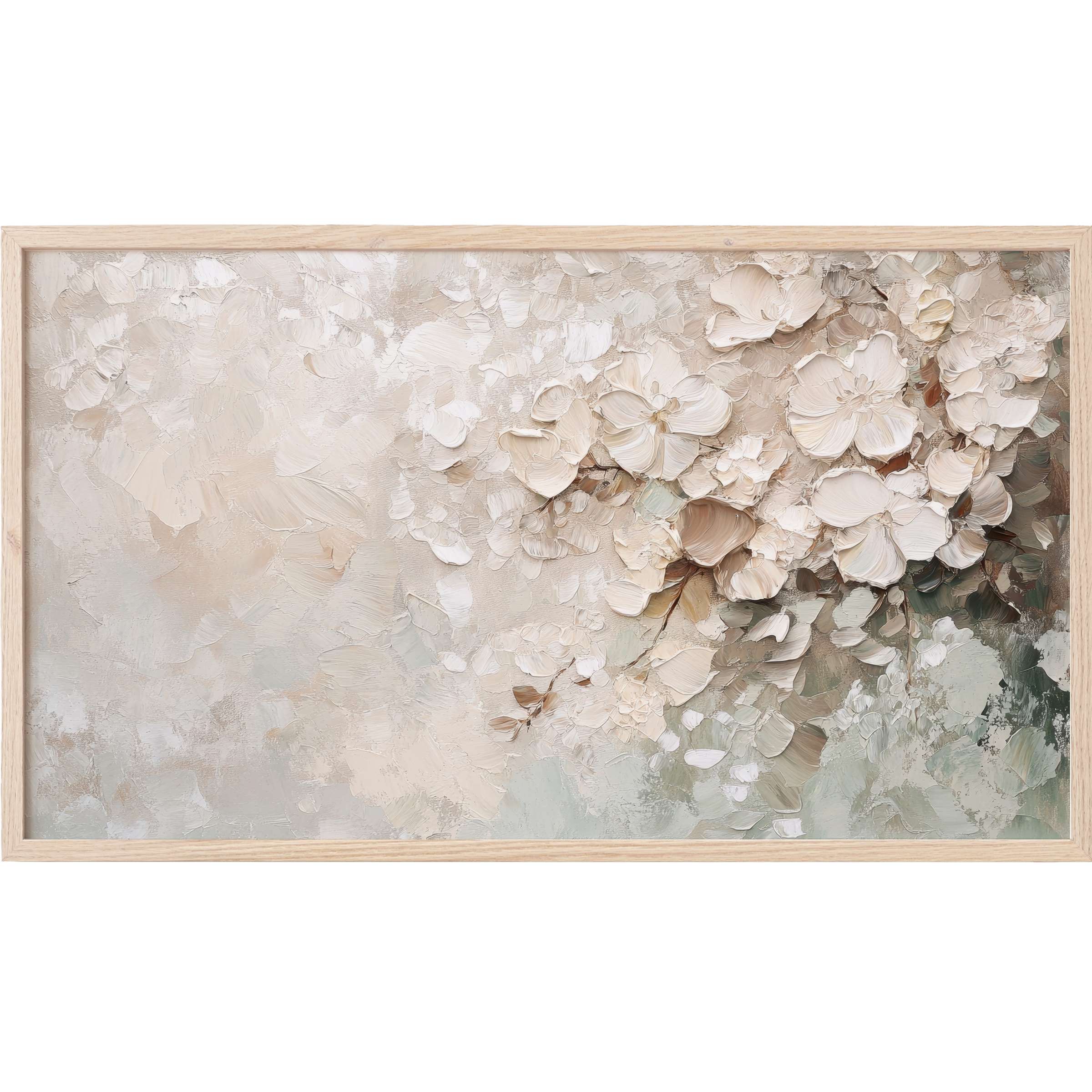 Soft cream and beige floral texture in muted tones with natural wood frame, elegant botanical Frame TV Art