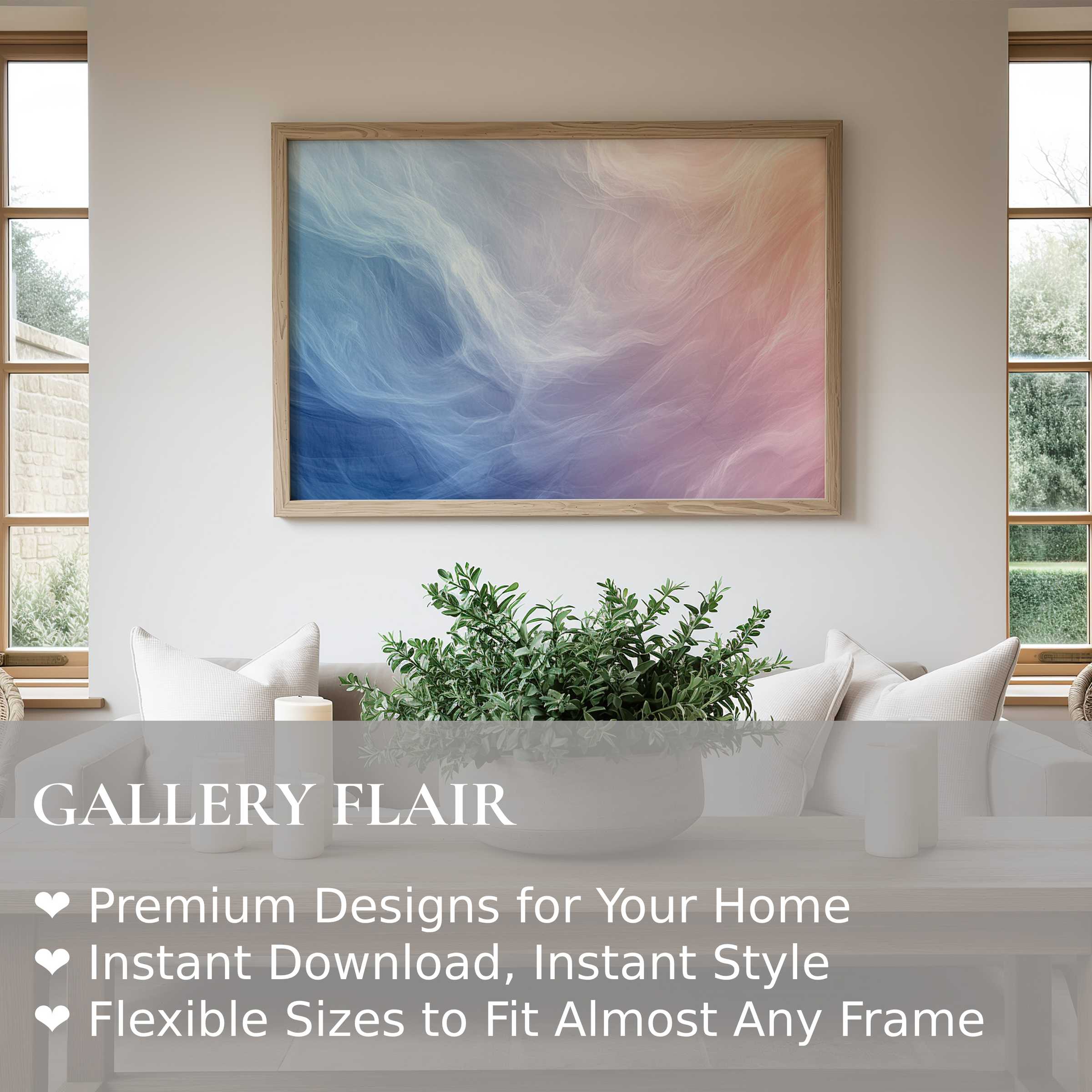 Abstract wall art print blending soft blues and warm pinks, radiating calm elegance in serene modern living spaces