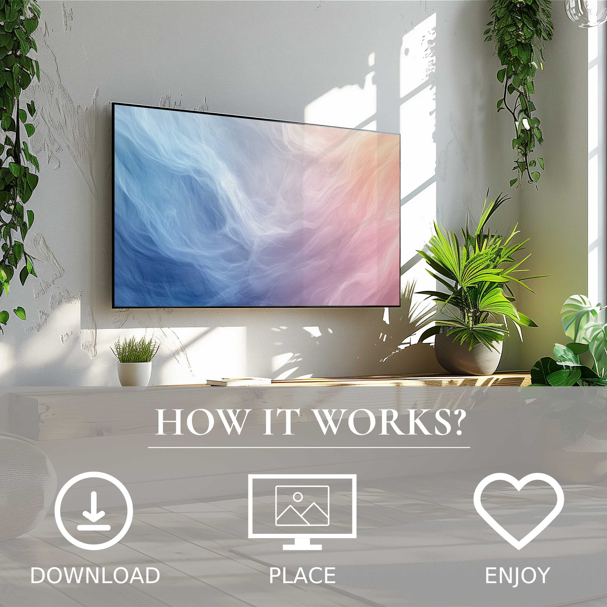 Modern living room with abstract art for Samsung TV in soft sunset tones, easy digital download enhances decor
