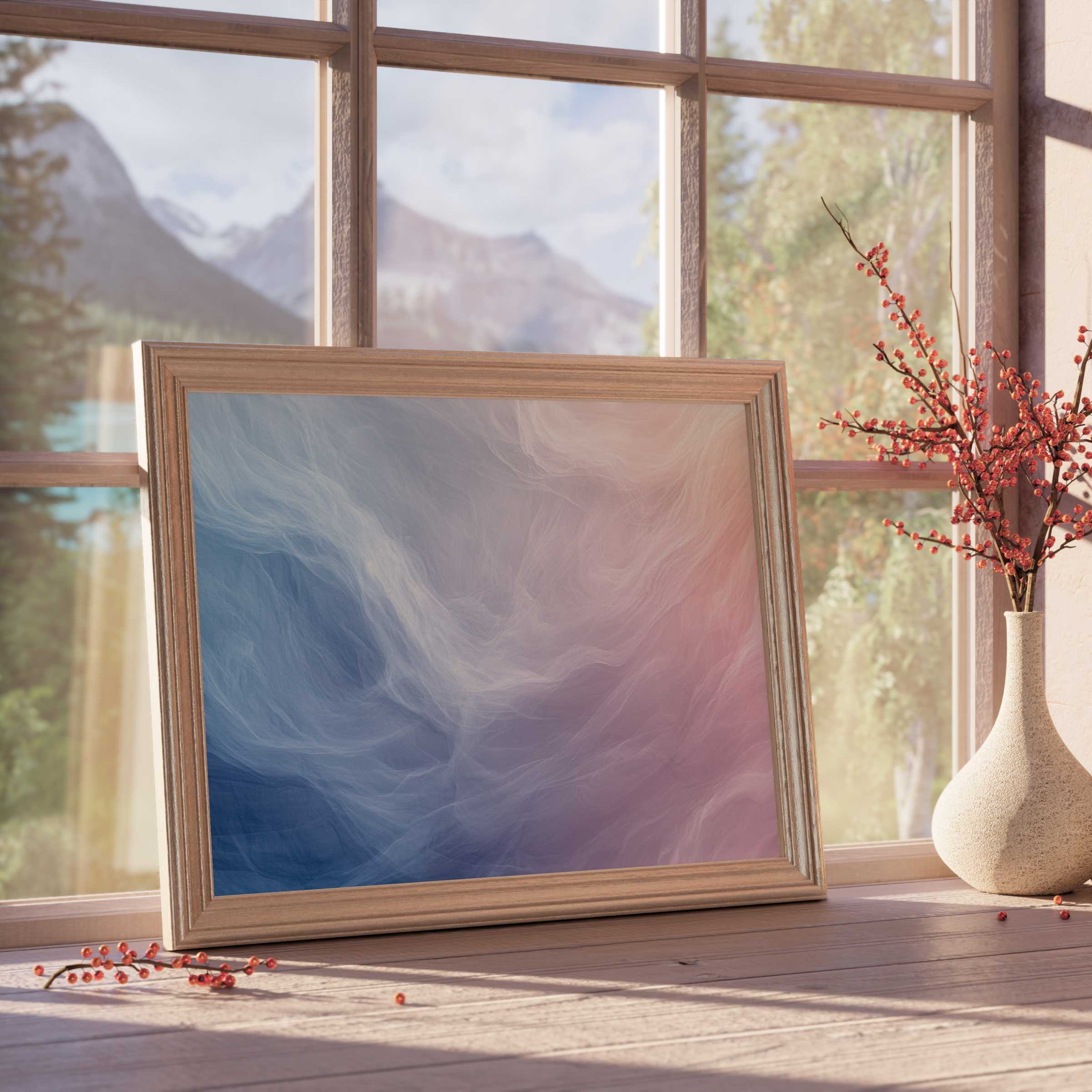Ethereal abstract downloadable art in soft blue and blush hues, elevating serene, curated interiors with tranquil, design-forward elegance