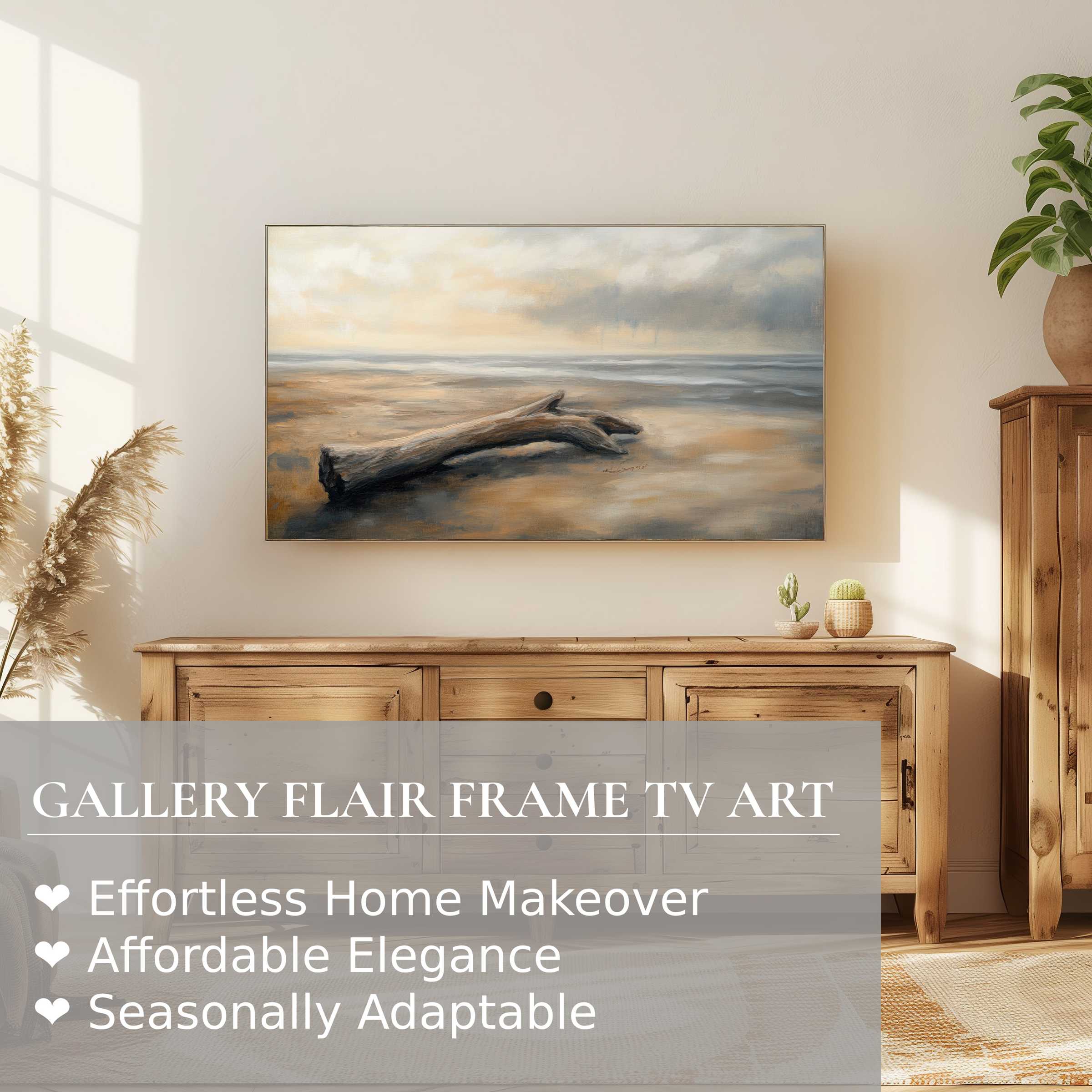 Samsung Frame TV displaying coastal digital artwork of driftwood on a serene beach in warm, muted tones
