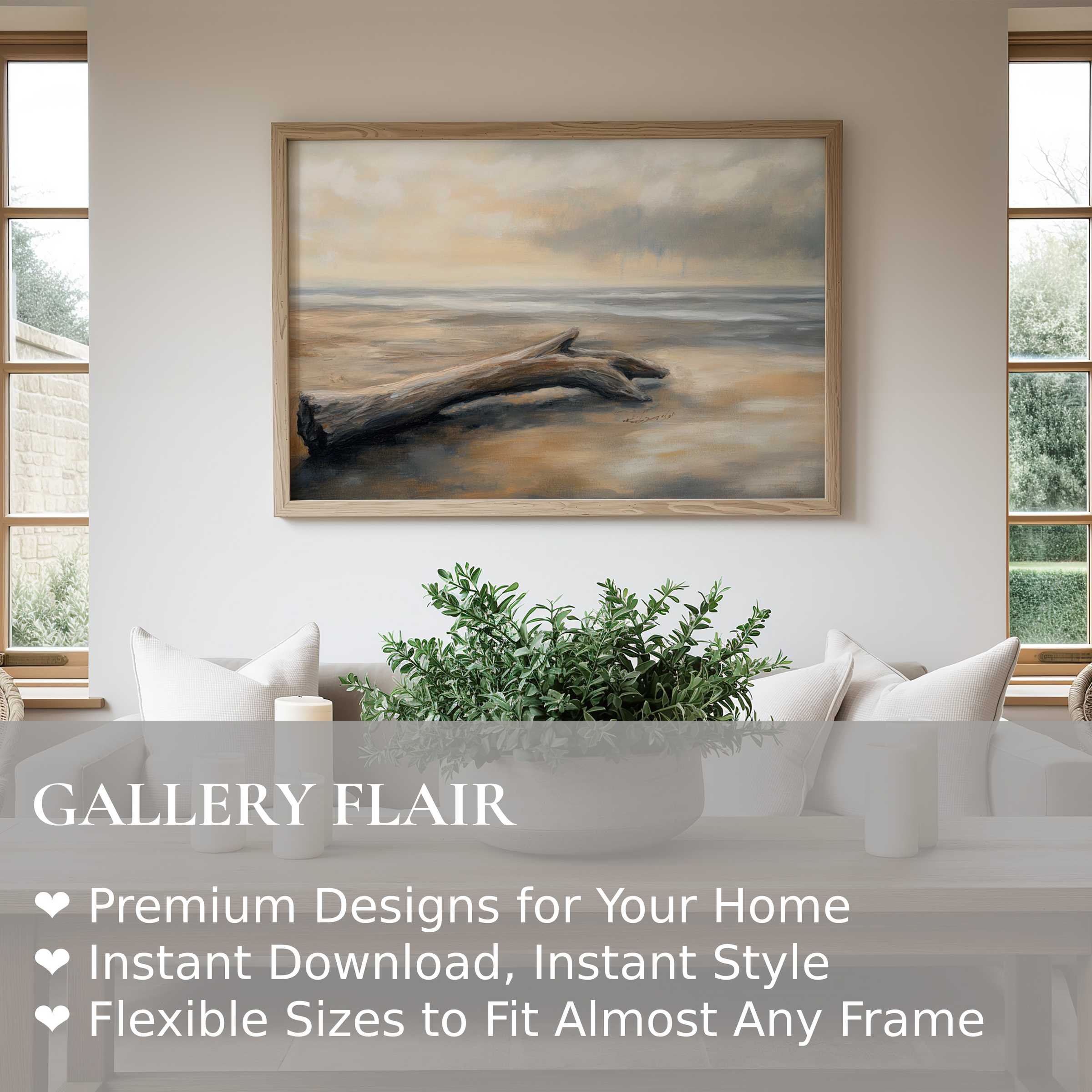 Coastal wall art print with serene driftwood and muted tones, enhancing modern minimalist living rooms with calming, natural elegance