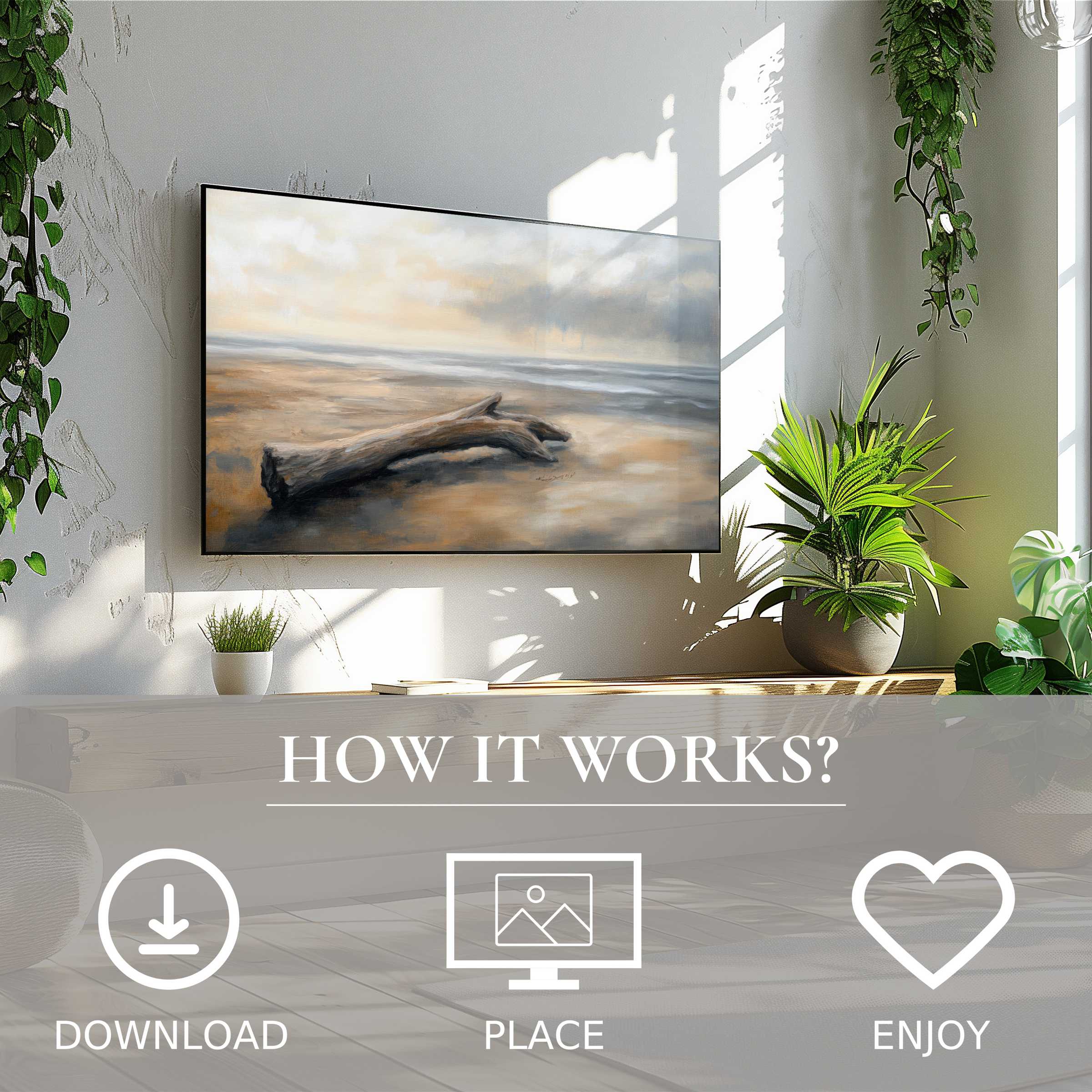 Coastal art for Samsung TV features soft neutral tones and driftwood motif, easy digital download enriches modern living spaces