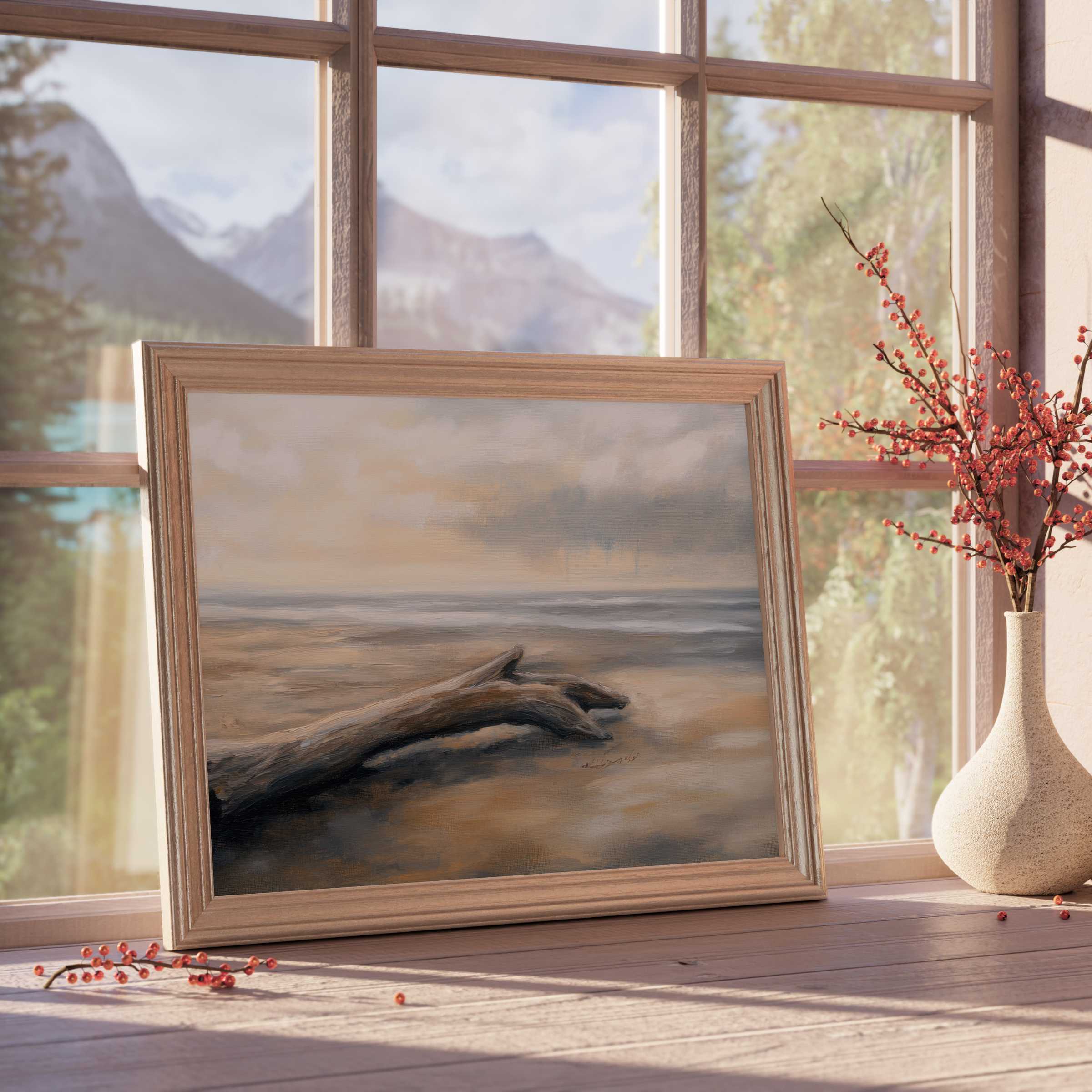 Coastal downloadable art capturing serene driftwood on misty sands, enriching tranquil, curated, design-forward interiors with natural elegance