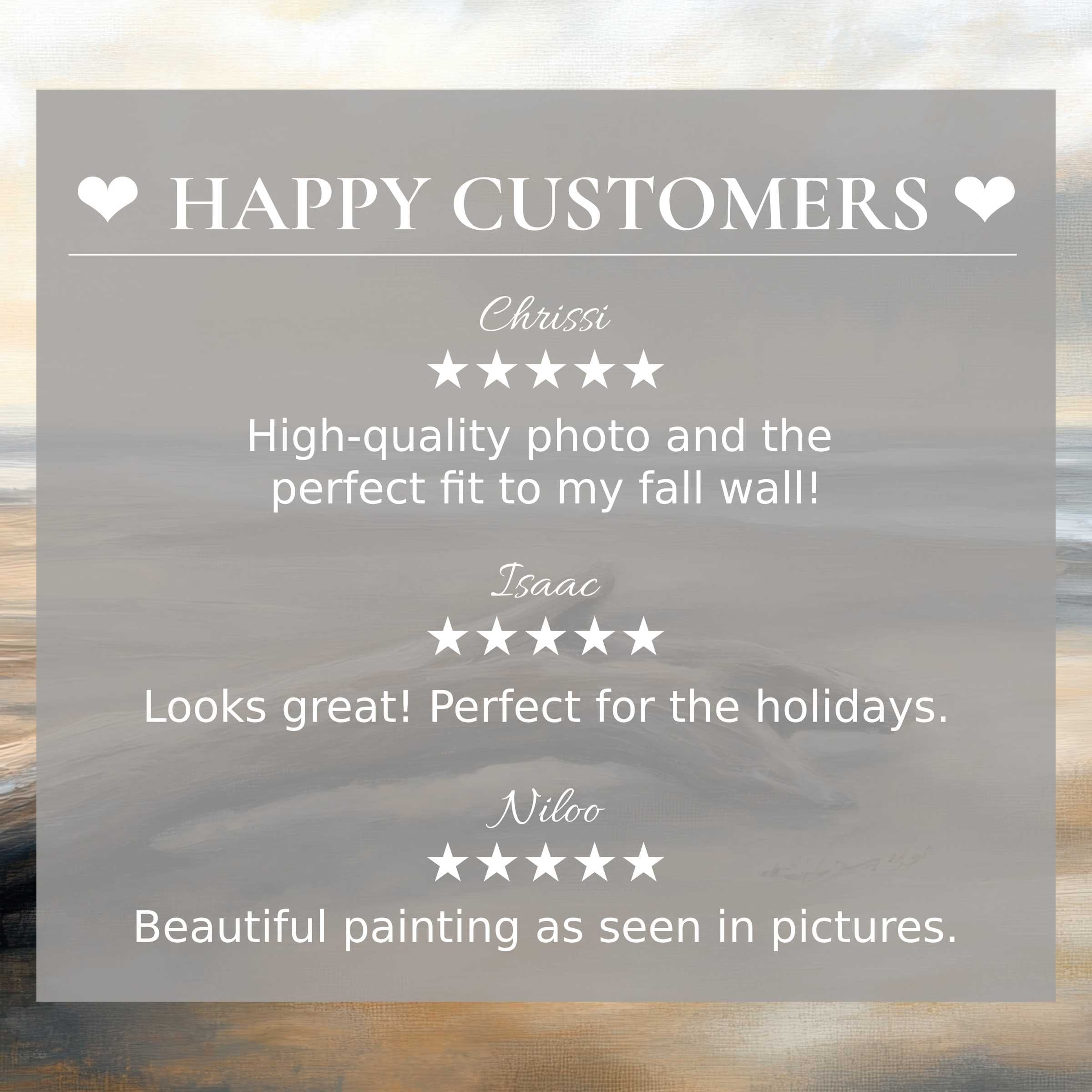 Coastal art for Frame TV with abstract sunset tones, showcasing happy customer reviews and refined, elegant trust