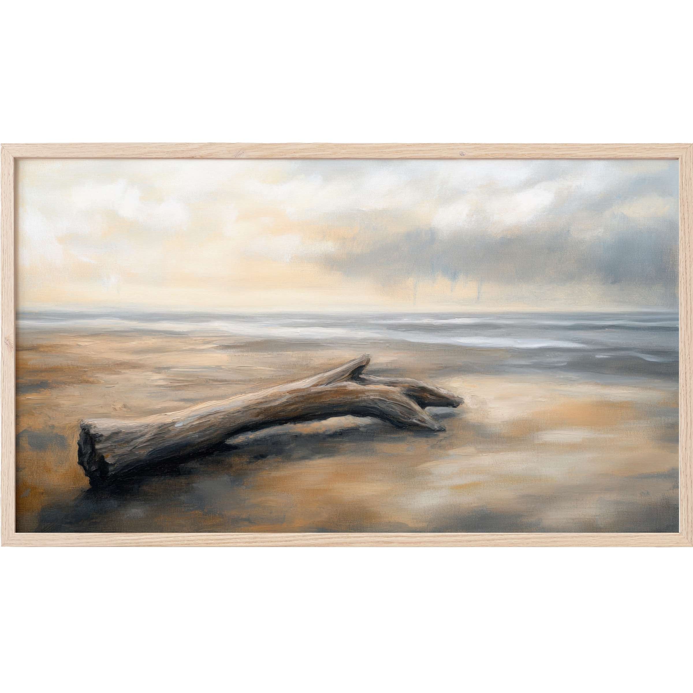 Serene driftwood on soft sand under a muted sky, blending tans and blues in coastal Frame TV Art