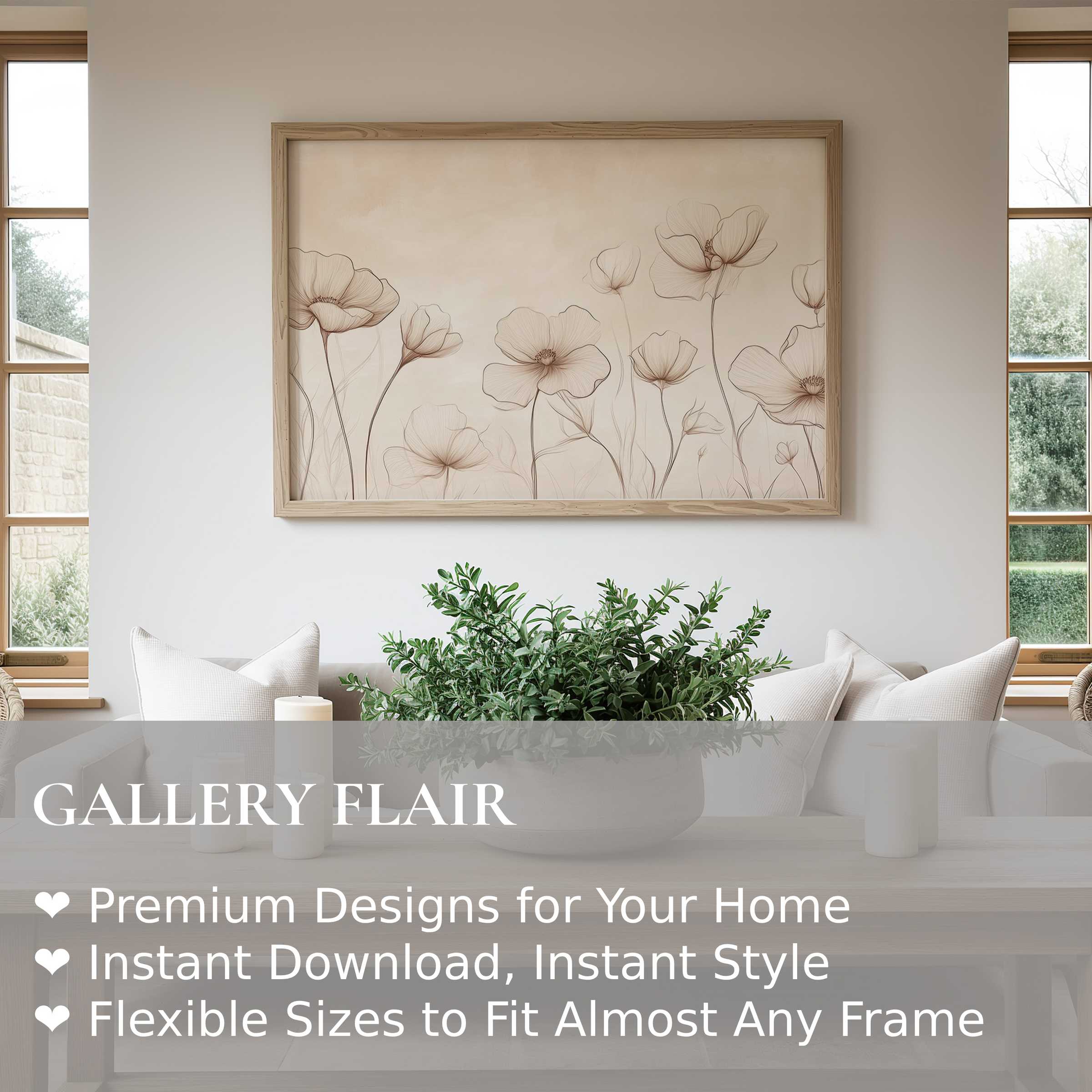Elegant floral wall art print with soft beige tones enhances modern, minimalist living spaces with calming, natural grace