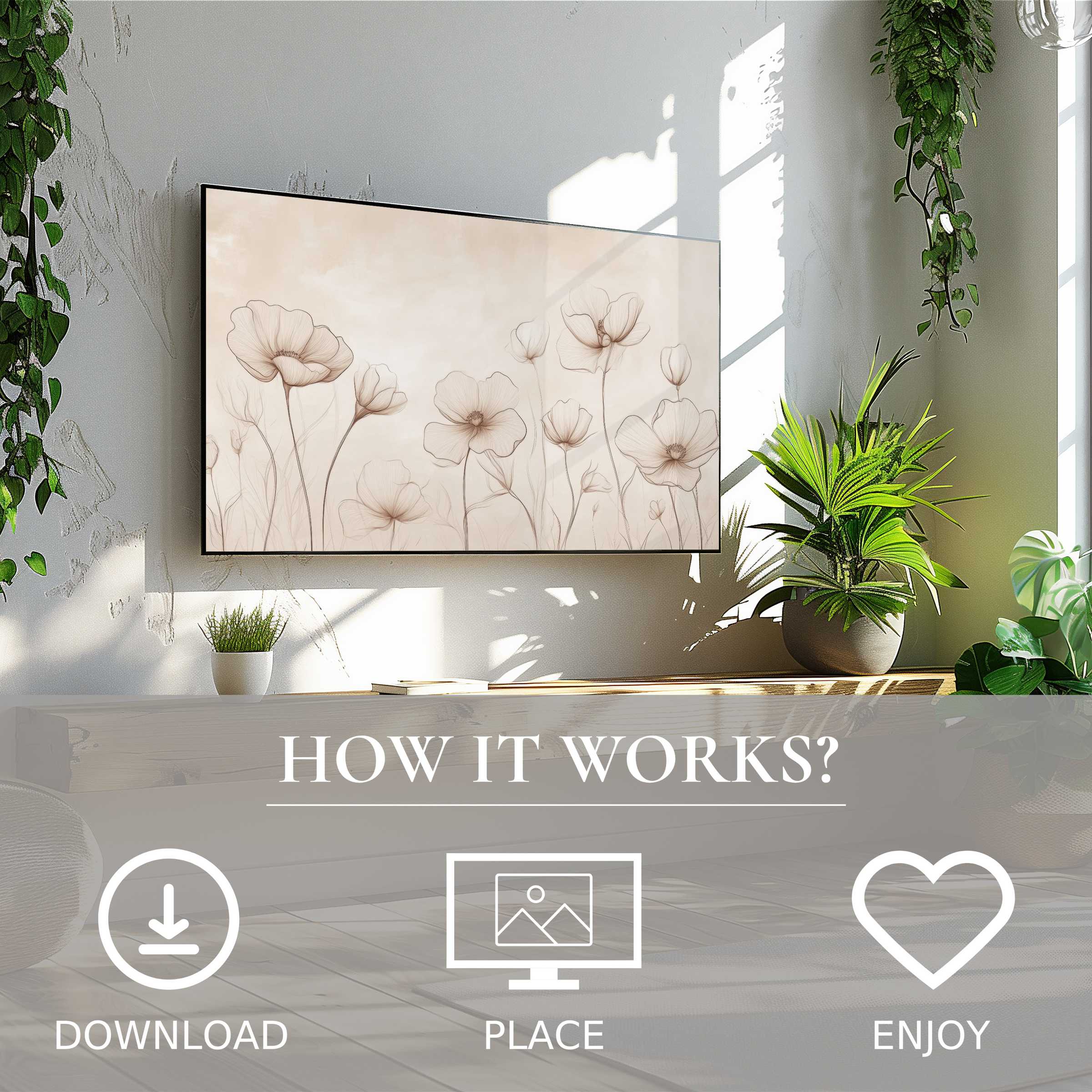 Floral art for Samsung TV with soft beige blooms enhances bright spaces; easy digital download enriches modern decor