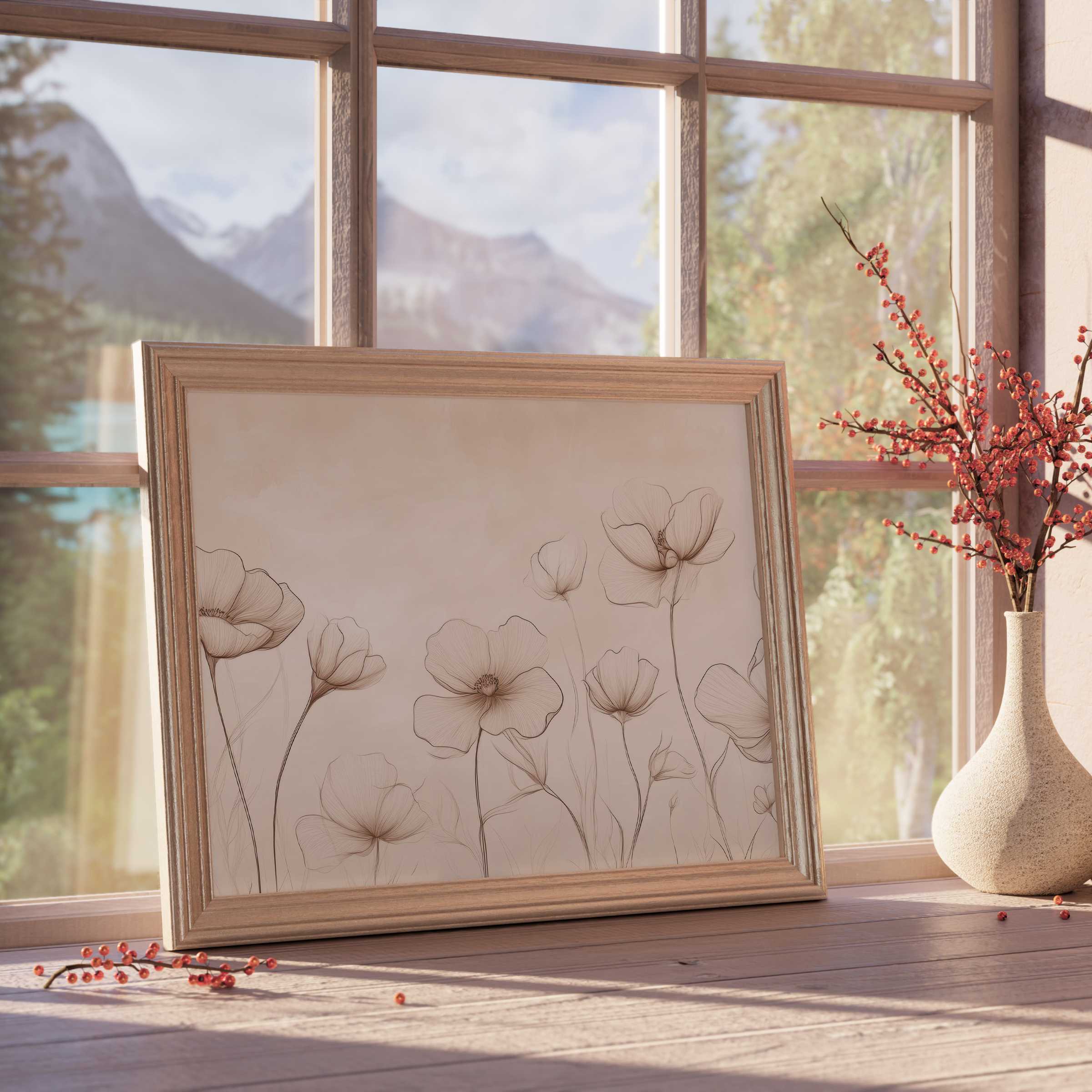 Serene floral downloadable art in soft earth tones, elevating curated interiors with tranquil elegance and delicate botanical charm