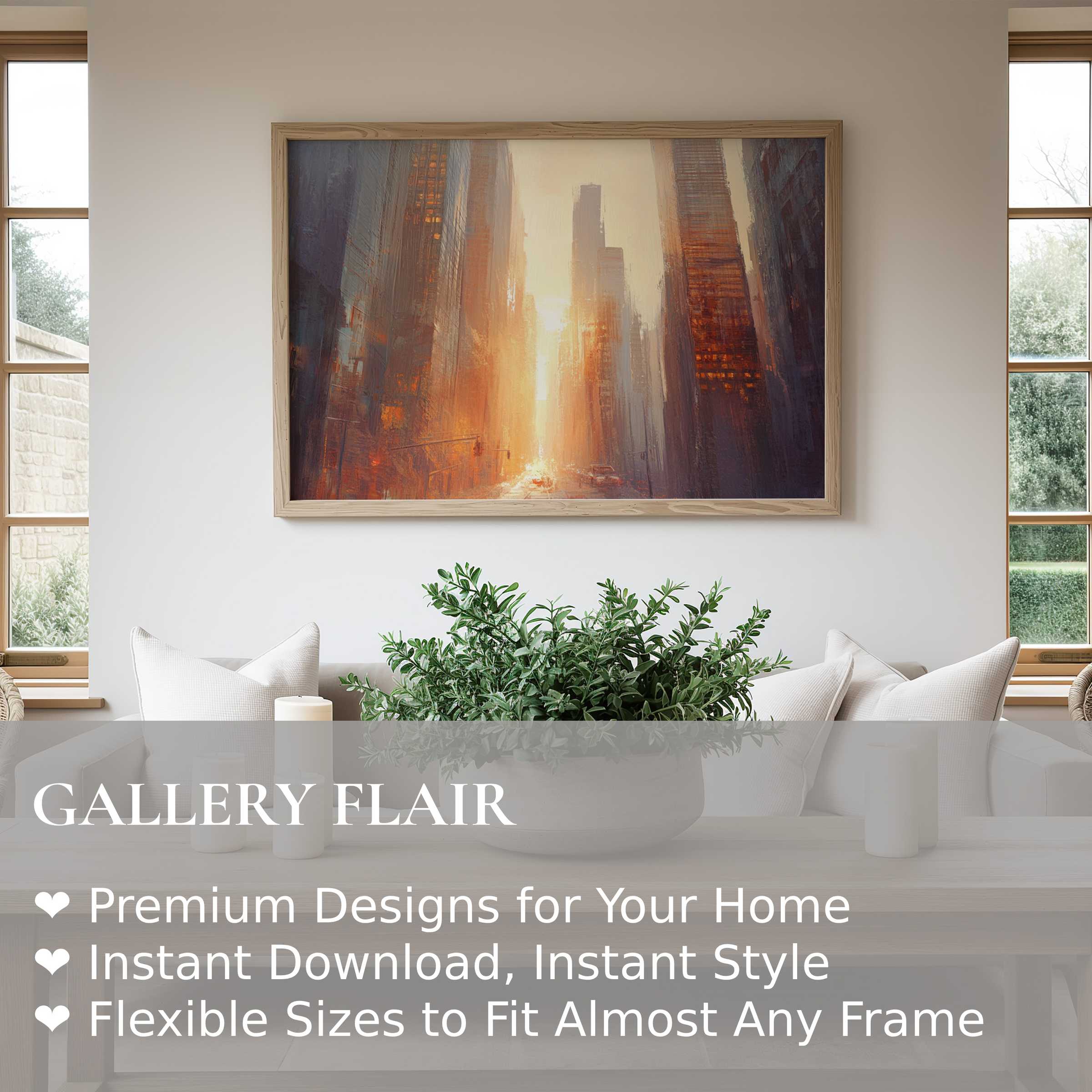 Urban art wall art print capturing a radiant cityscape bathed in warm golden light, elevating modern minimalist interiors with bold, atmospheric elegance