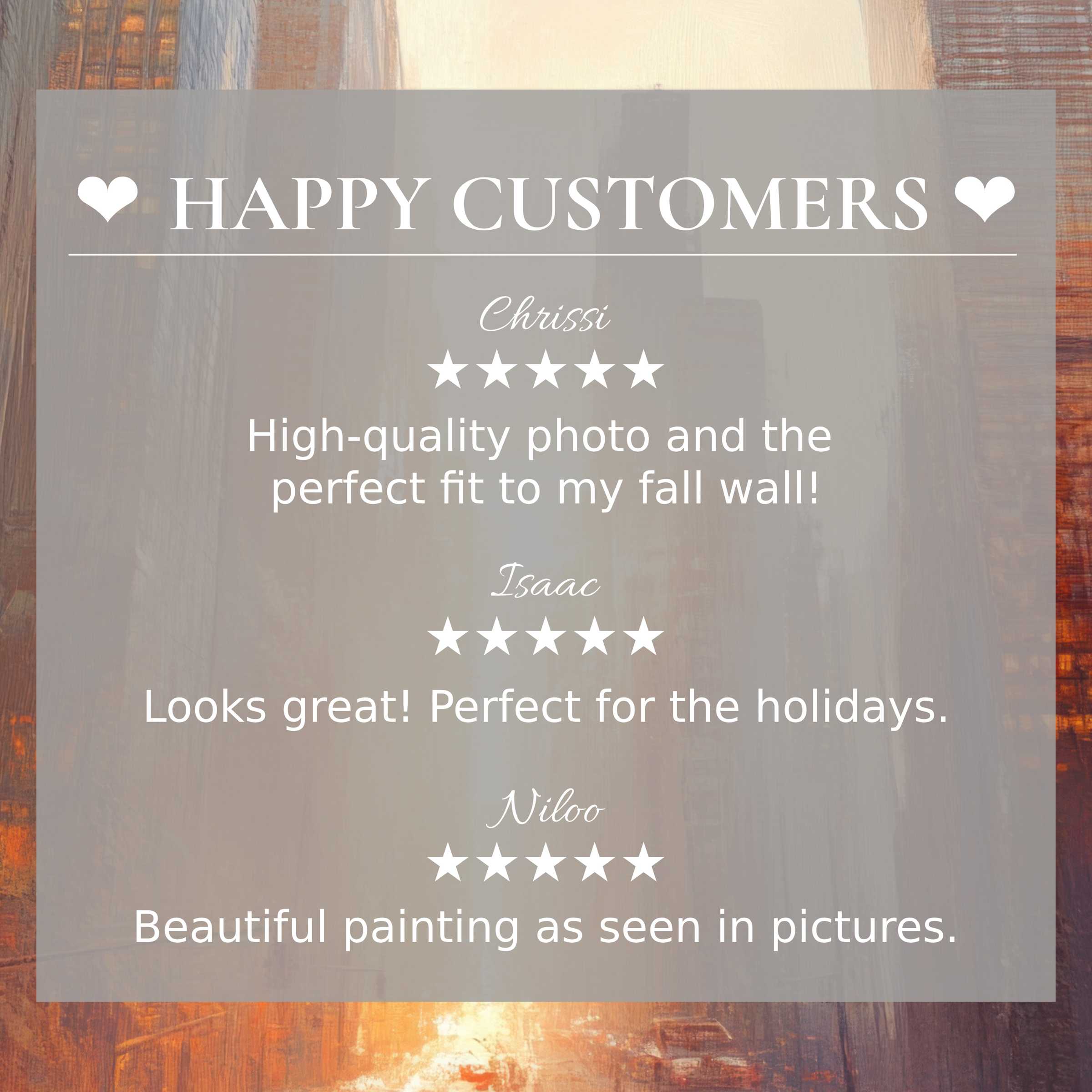 Urban art for Frame TV with abstract sunset tones; layout highlights happy customer reviews and elegant design trust