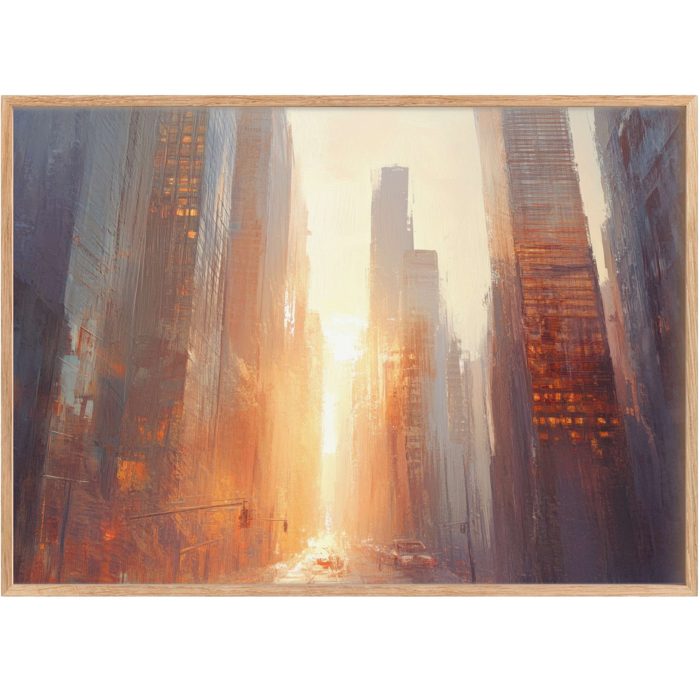 Urban printable wall art capturing a radiant cityscape at sunset, blending warm amber and cool gray hues for a sophisticated glow