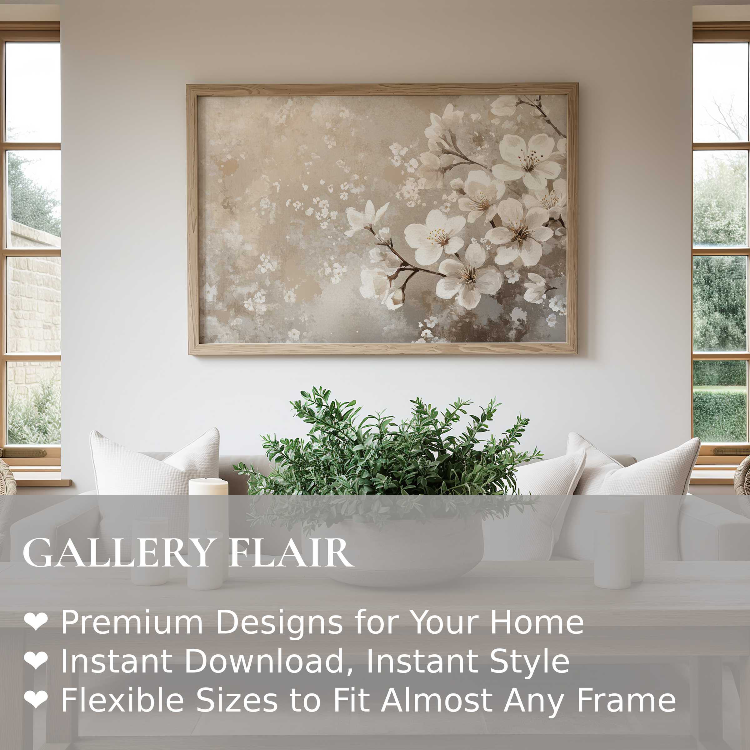 Spring wall art print featuring delicate white blossoms on muted beige tones, radiating soft, calming elegance in a modern minimalistic living room Enhances serene interiors with subtle floral charm and refined natural warmth