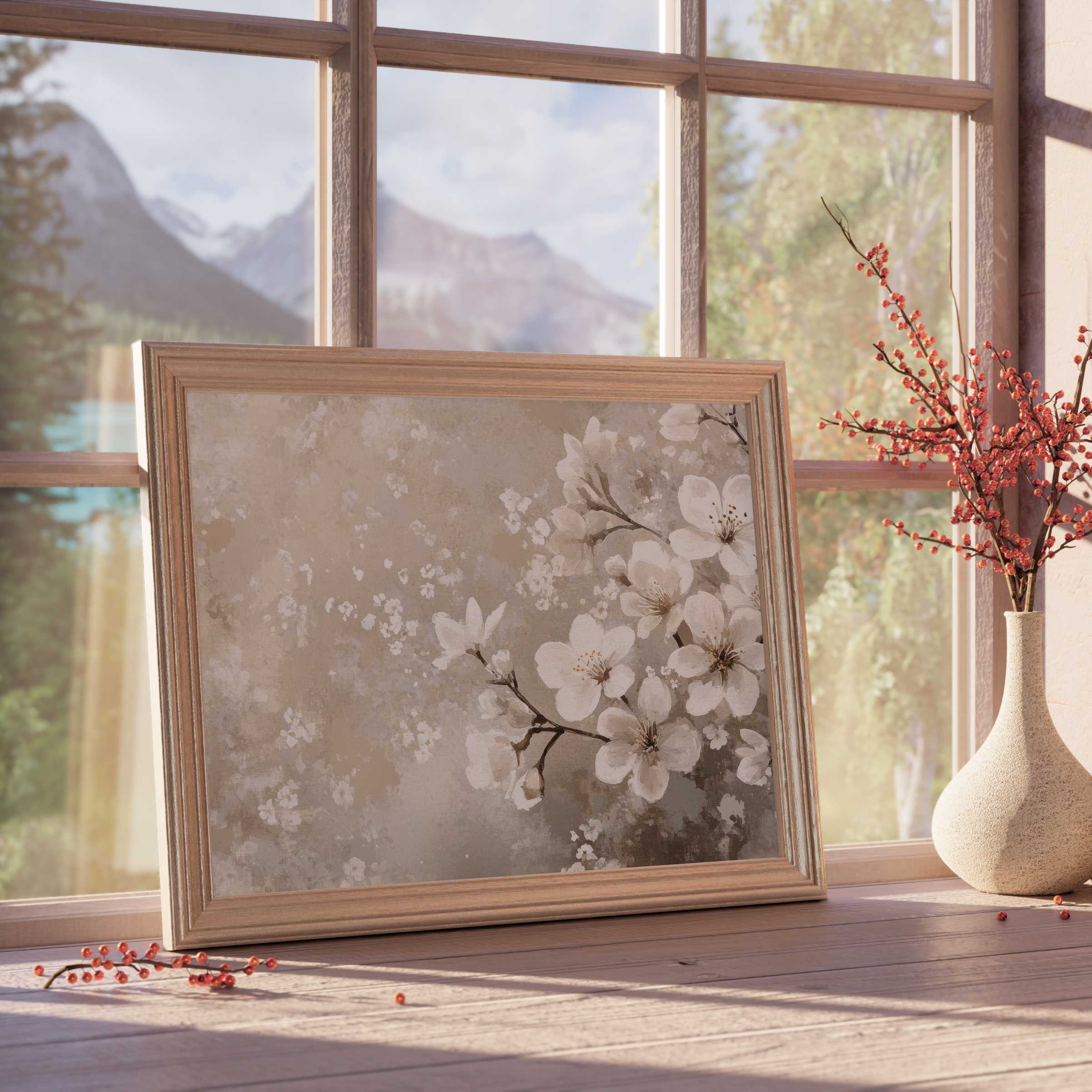 Elegant spring downloadable art featuring delicate cherry blossoms in soft neutrals, perfect for curated, serene interiors