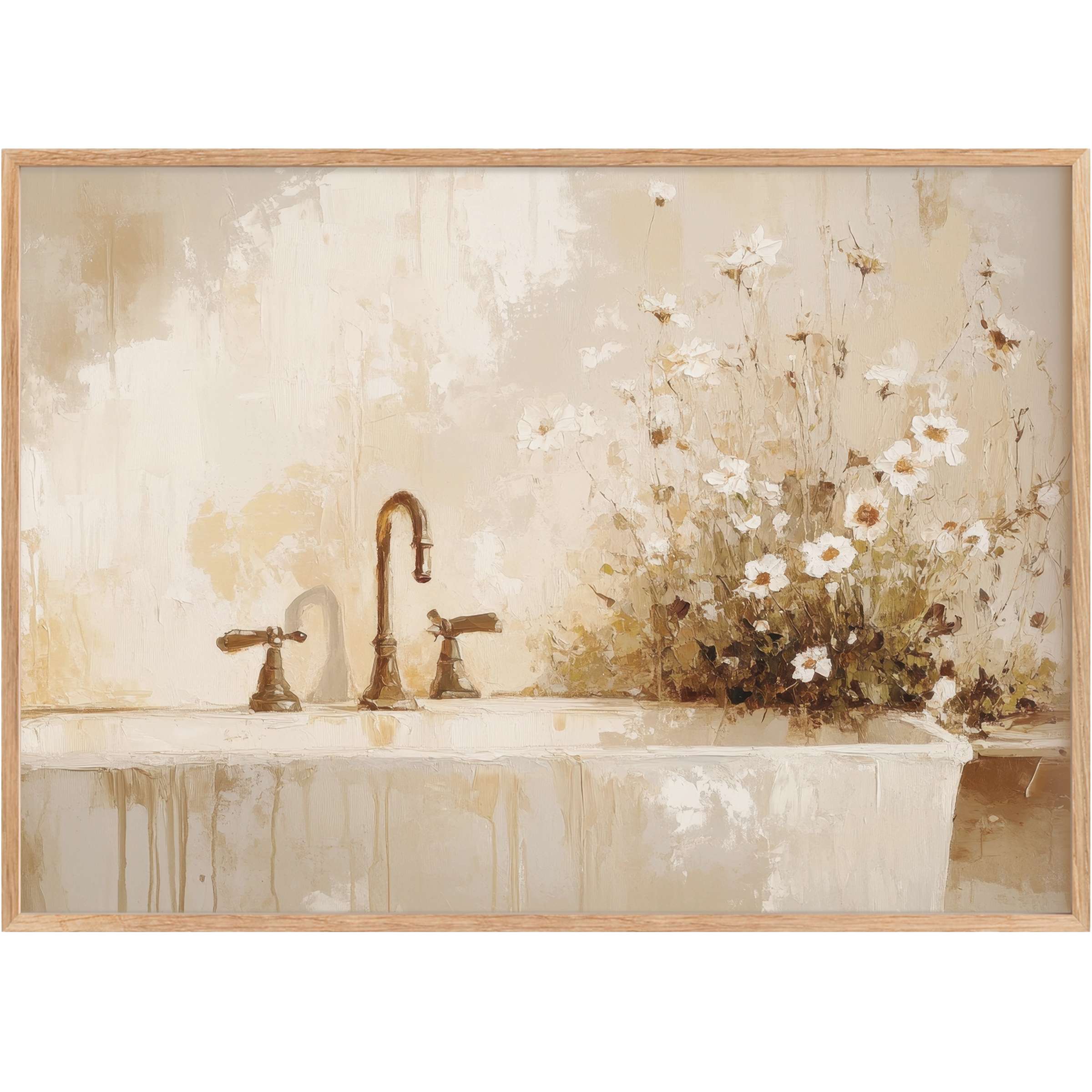 Rustic charm meets serene elegance in this farmhouse printable wall art, featuring soft beige tones and delicate white blooms that evoke calming warmth and timeless beauty