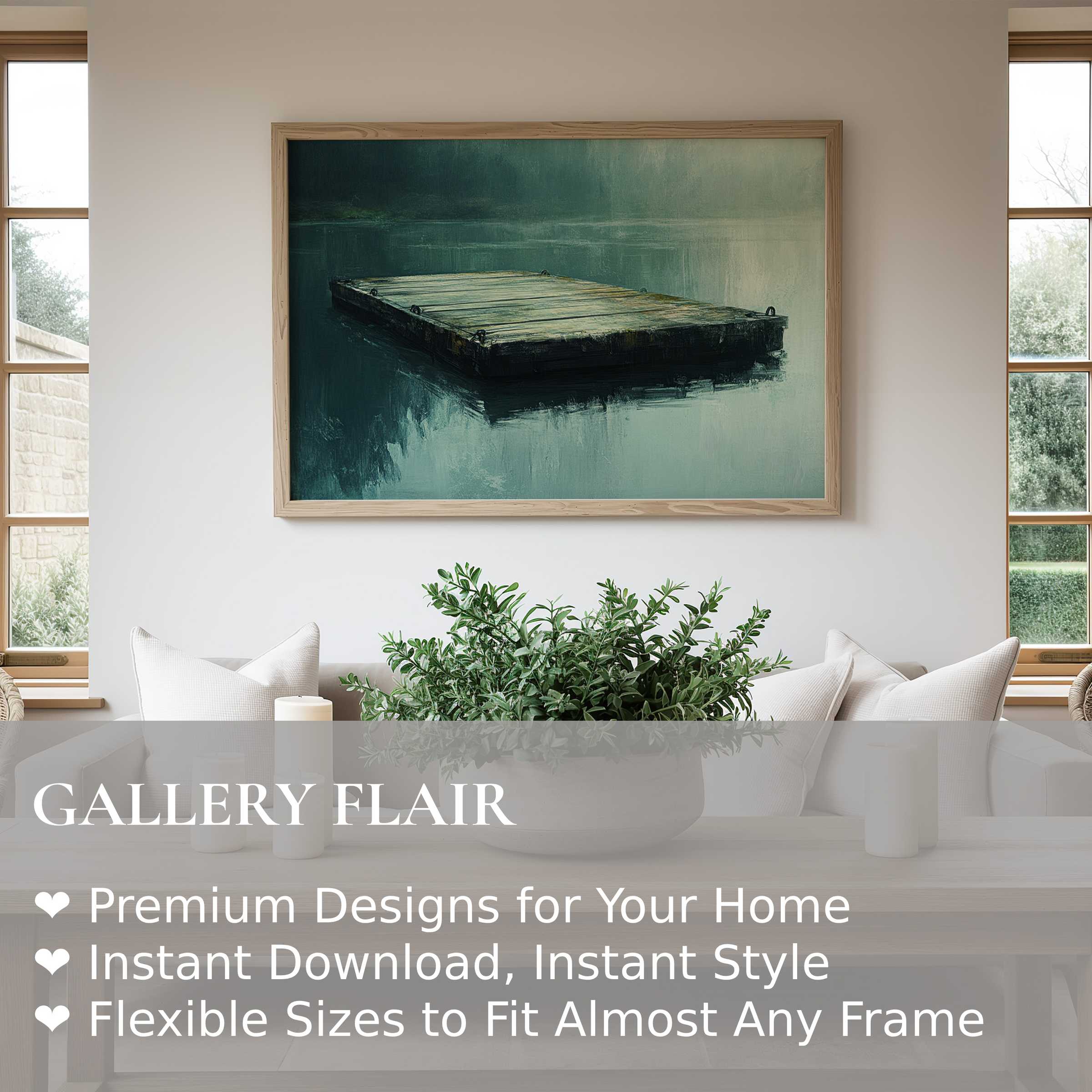 Calming beach wall art print depicting a serene wooden dock floating on tranquil waters, enhancing modern minimalist interiors with soft coastal elegance