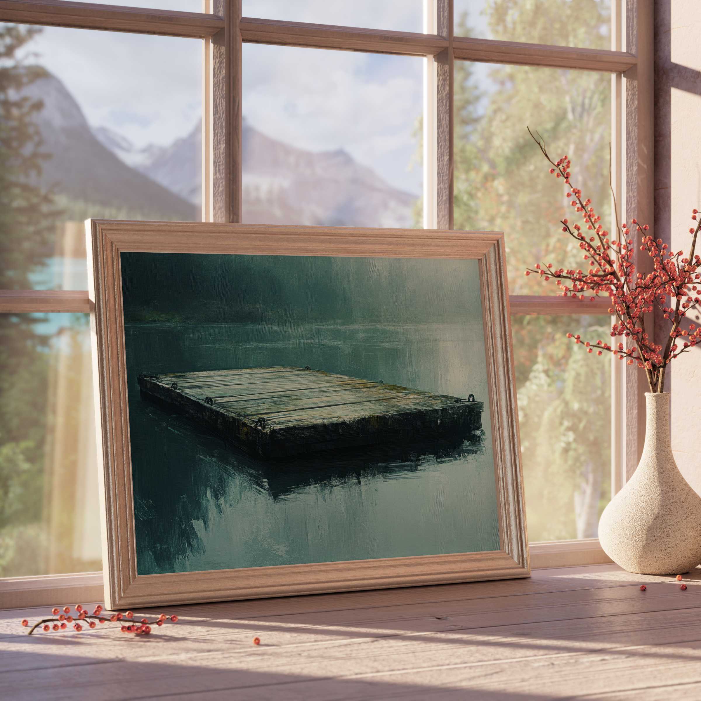Serene beach downloadable art featuring a rustic dock over tranquil waters, enriching refined spaces with calm coastal elegance