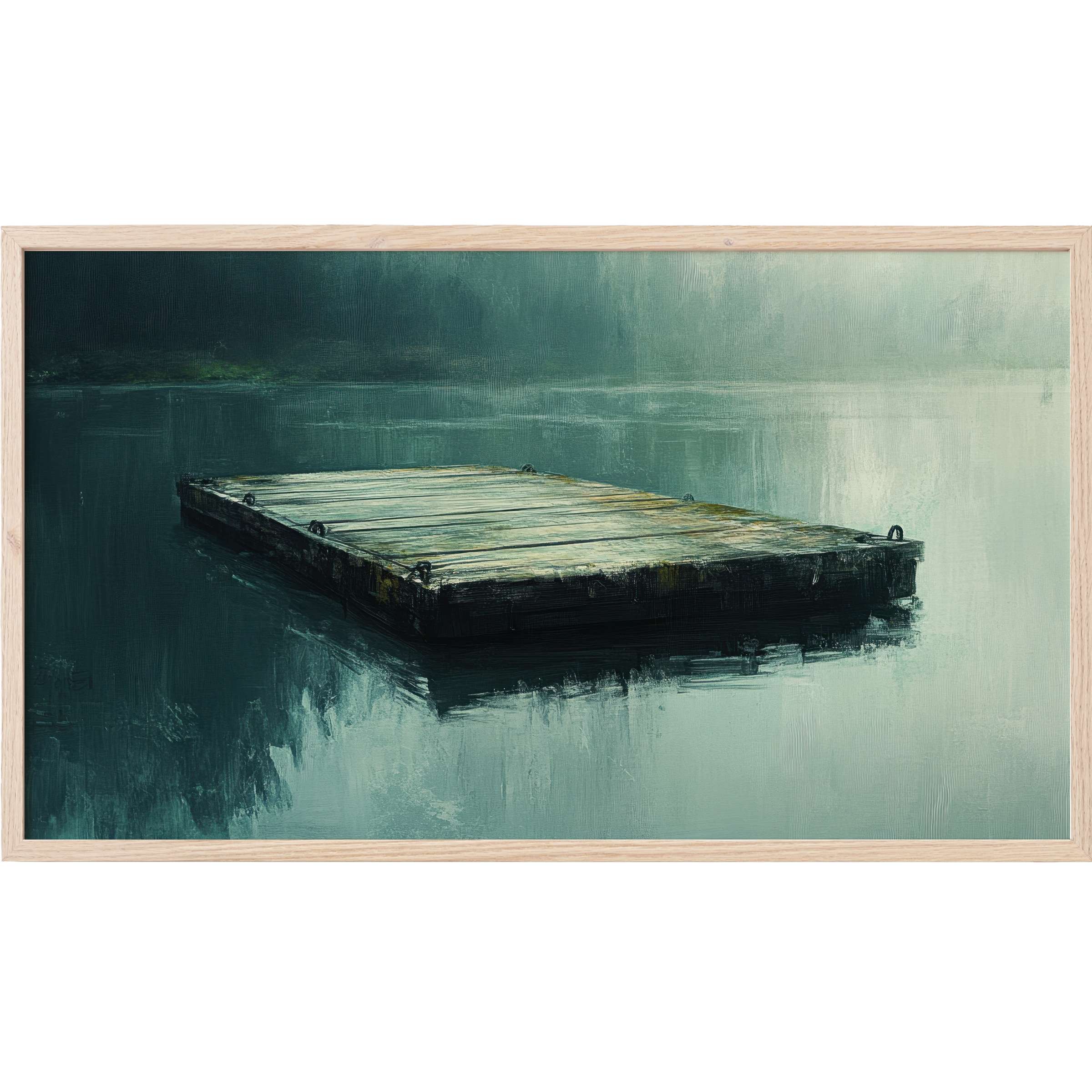 Serene wooden dock in muted blues and greens with soft reflections, perfect for elegant beach Frame TV Art
