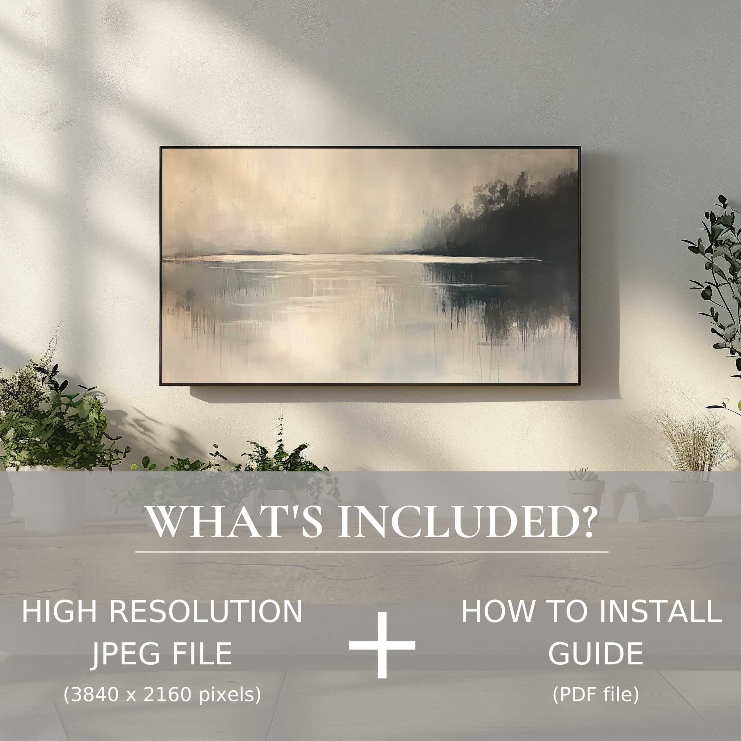 Neutral digital TV art download displaying serene abstract landscape, easy digital use elevates any modern living space