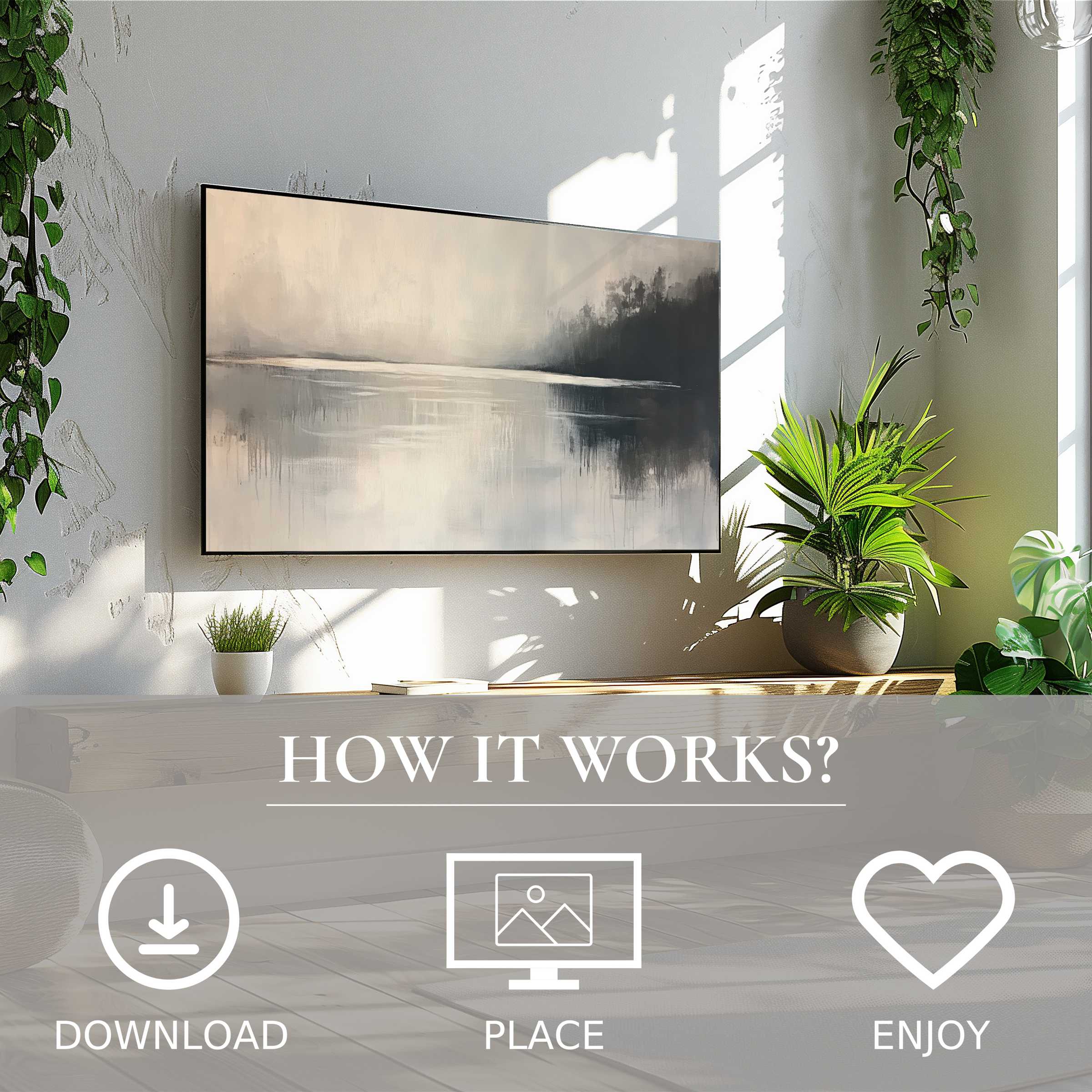 Neutral art for Samsung TV showcases a soft misty lakescape, easy digital download enriches modern living spaces