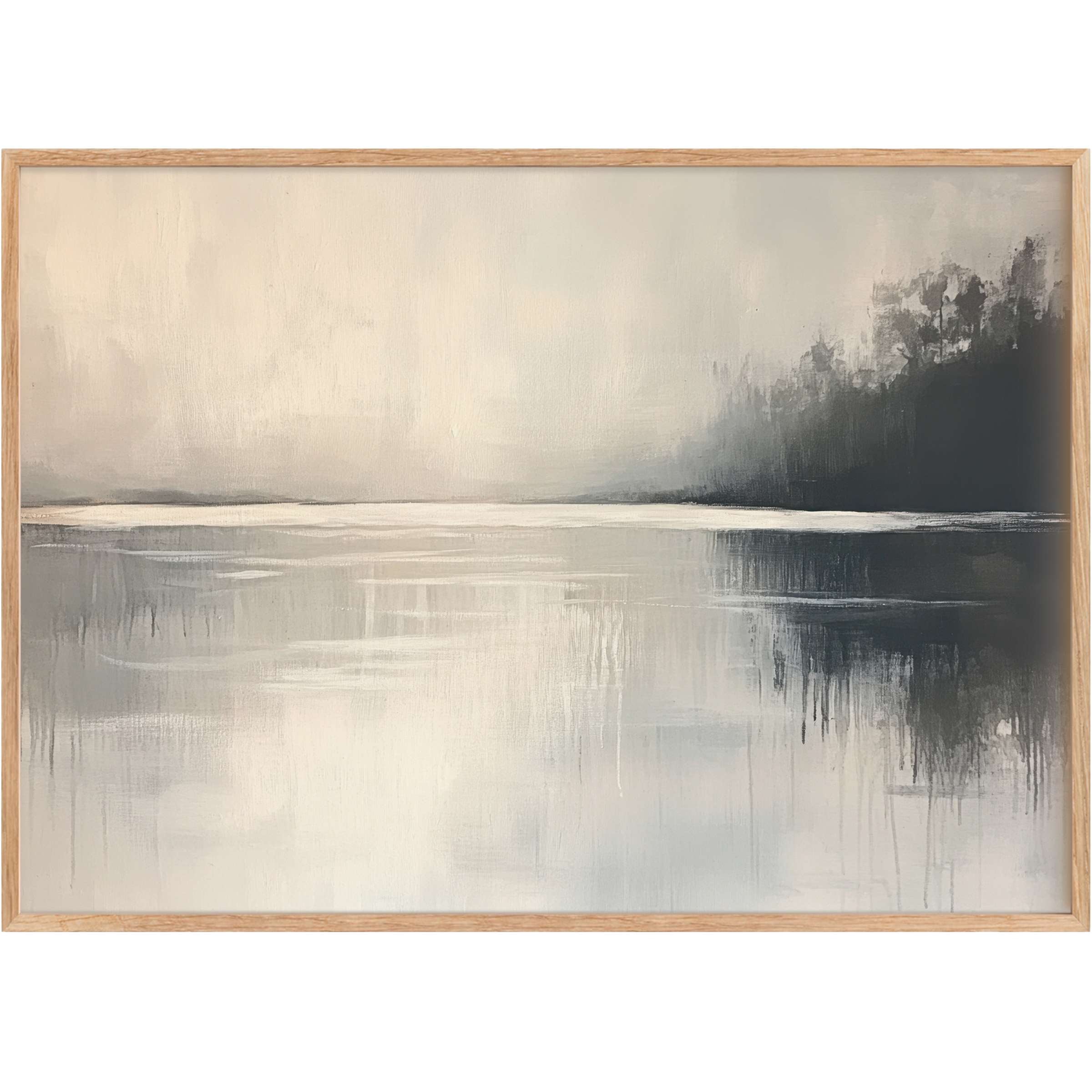 Serene neutral printable wall art in soft grays and muted blacks, evoking tranquil reflections and a peaceful, modern ambiance