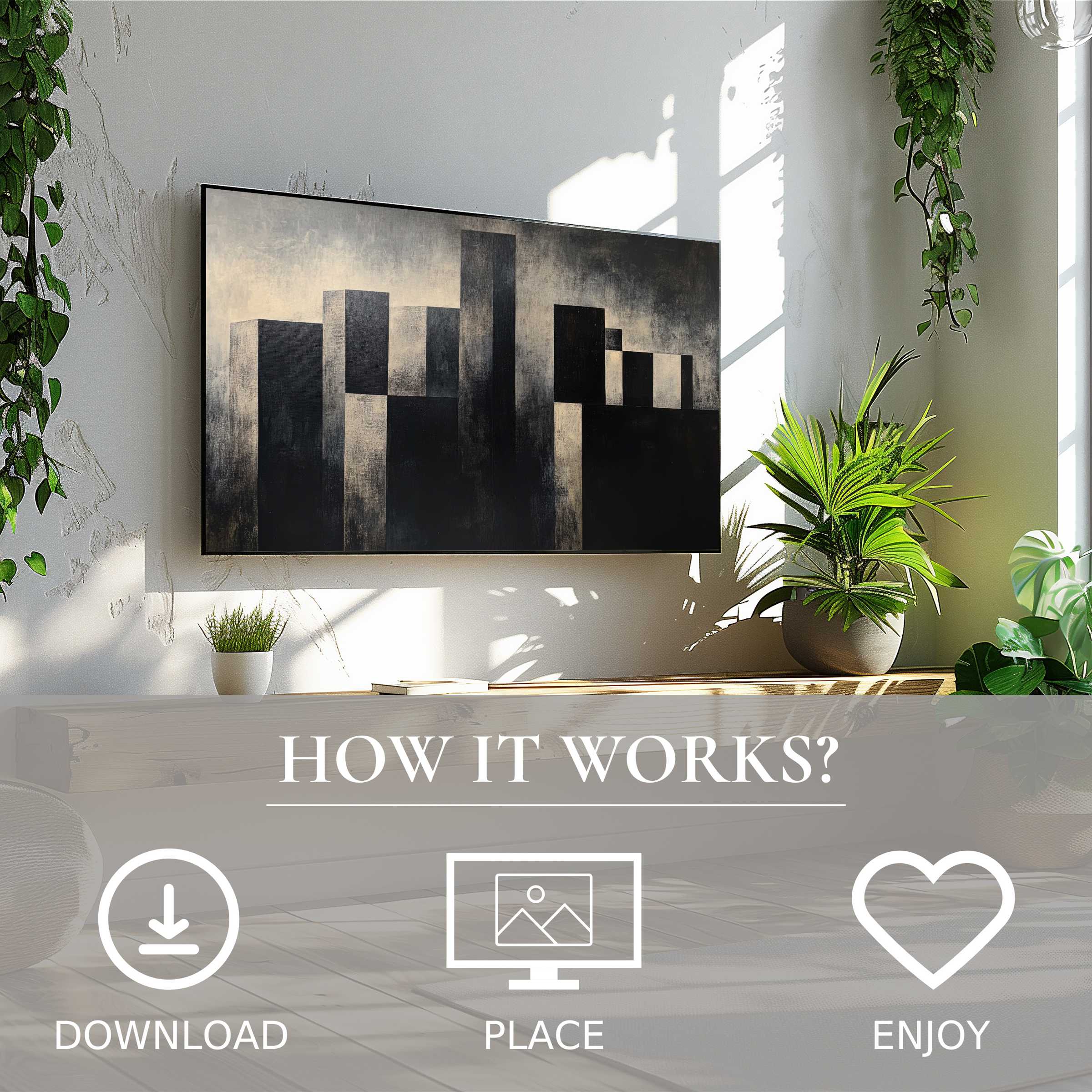 Minimalist art for Samsung TV with digital download; abstract dark cityscape enriches bright, plant-filled living space
