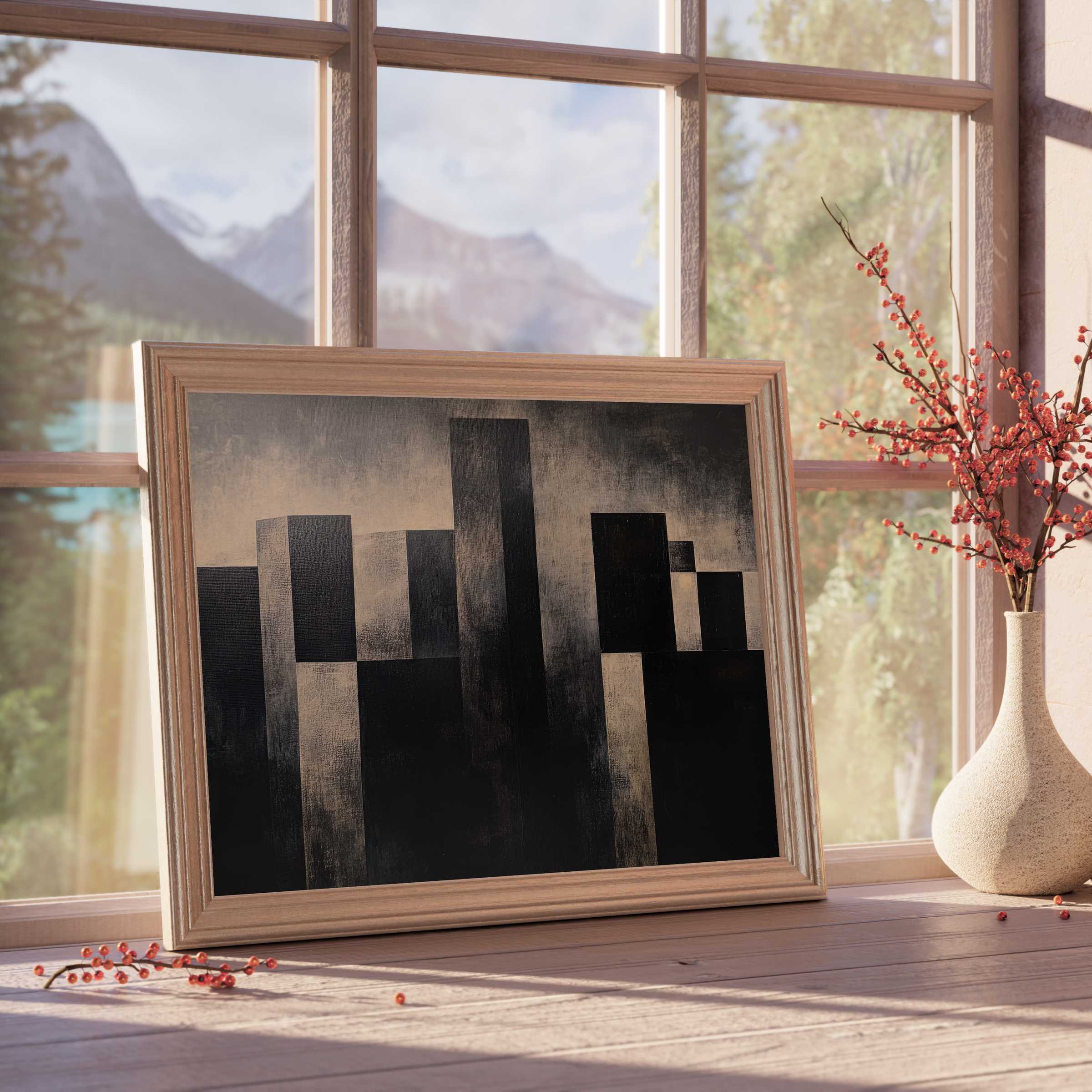 Minimalist downloadable art featuring serene geometric silhouettes, enhancing tranquil, design-forward interiors with premium modern elegance