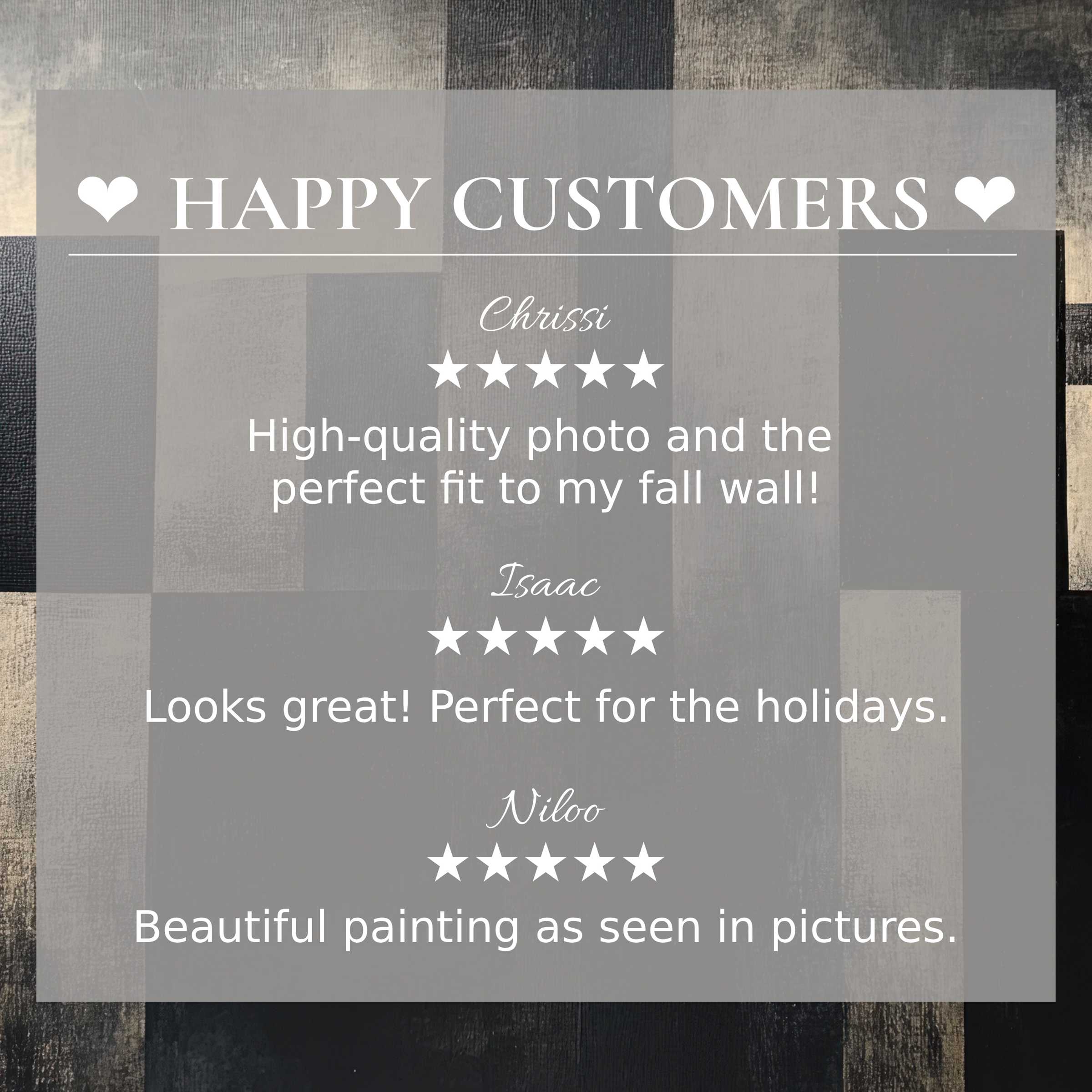 Minimalist art for Frame TV with abstract neutral blocks, showcasing happy customer reviews and elegant, trusted design