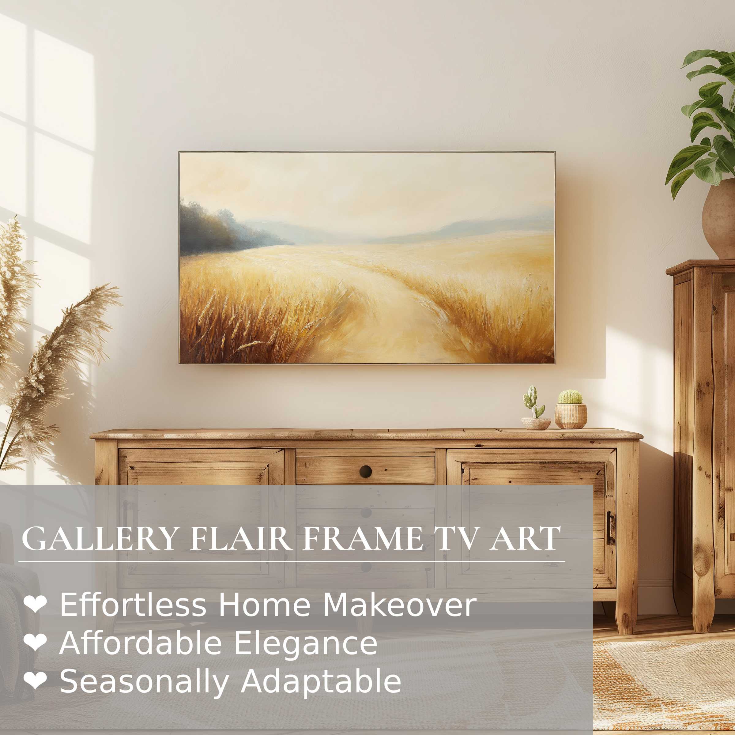 Samsung Frame TV displaying warm, soft landscape digital artwork in a modern, elegant, sunlit living space