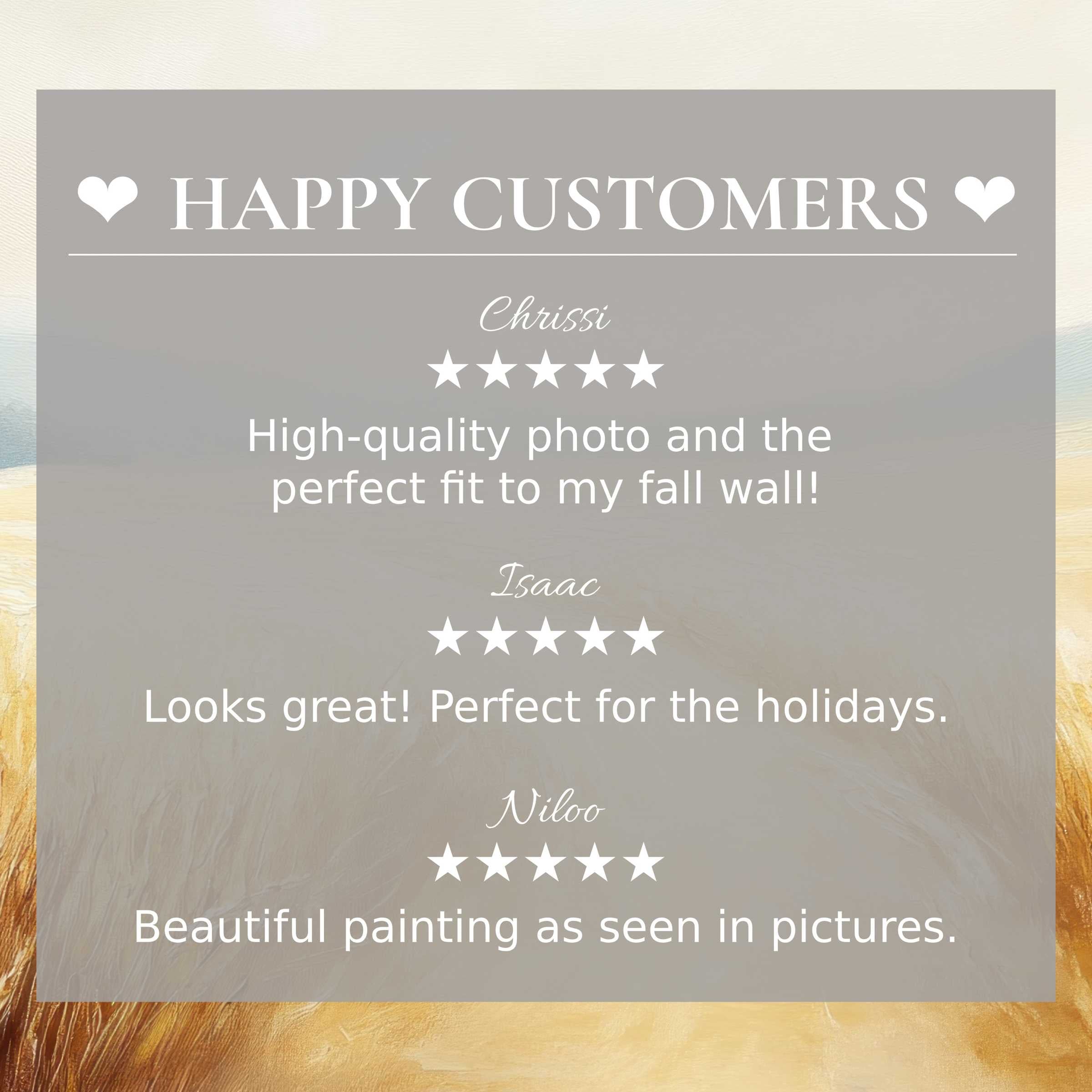 Elegant landscape art for Frame TV with abstract sunset hues, featuring happy customer reviews that inspire trust