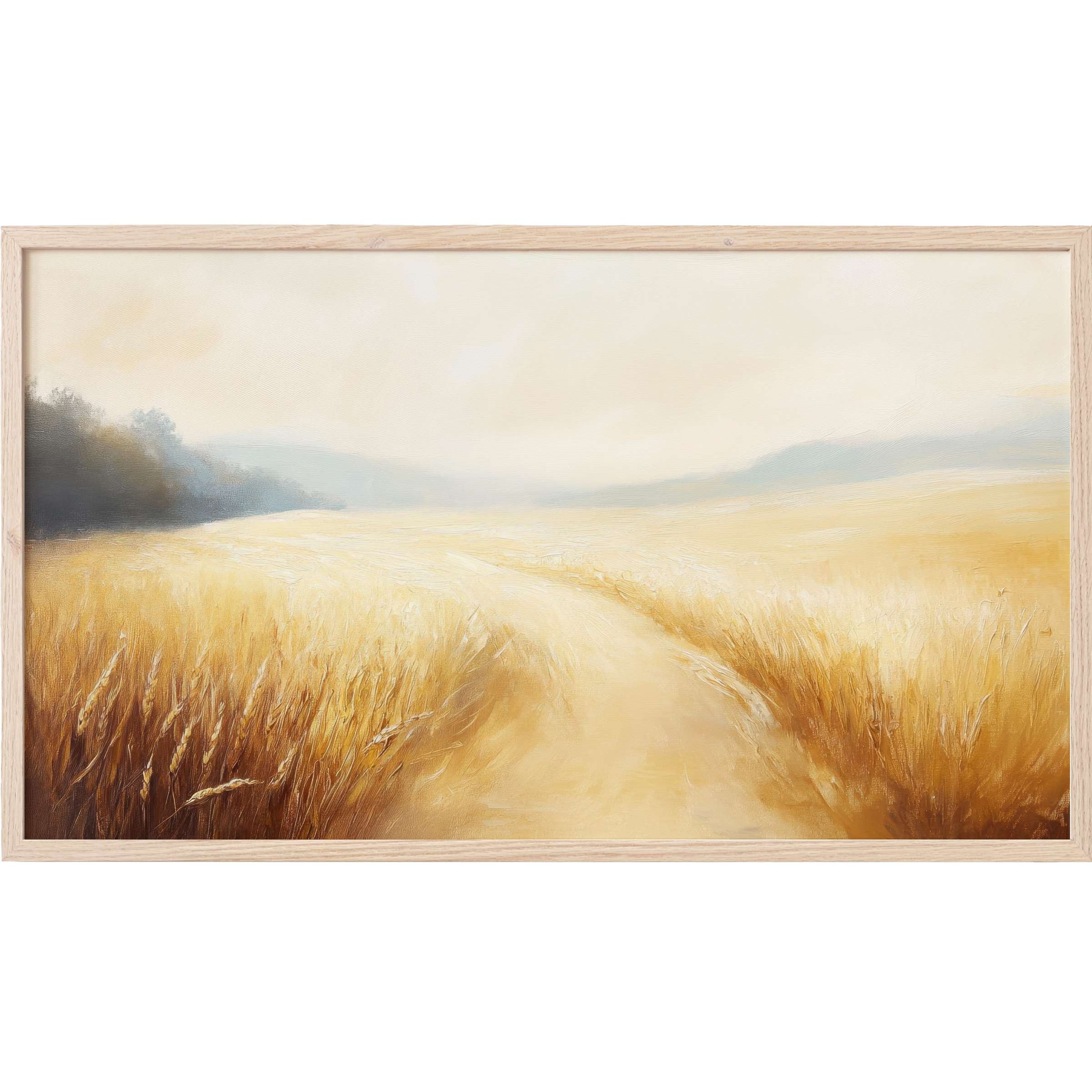 Serene golden wheat field with soft mist and muted sky in elegant landscape Frame TV Art style