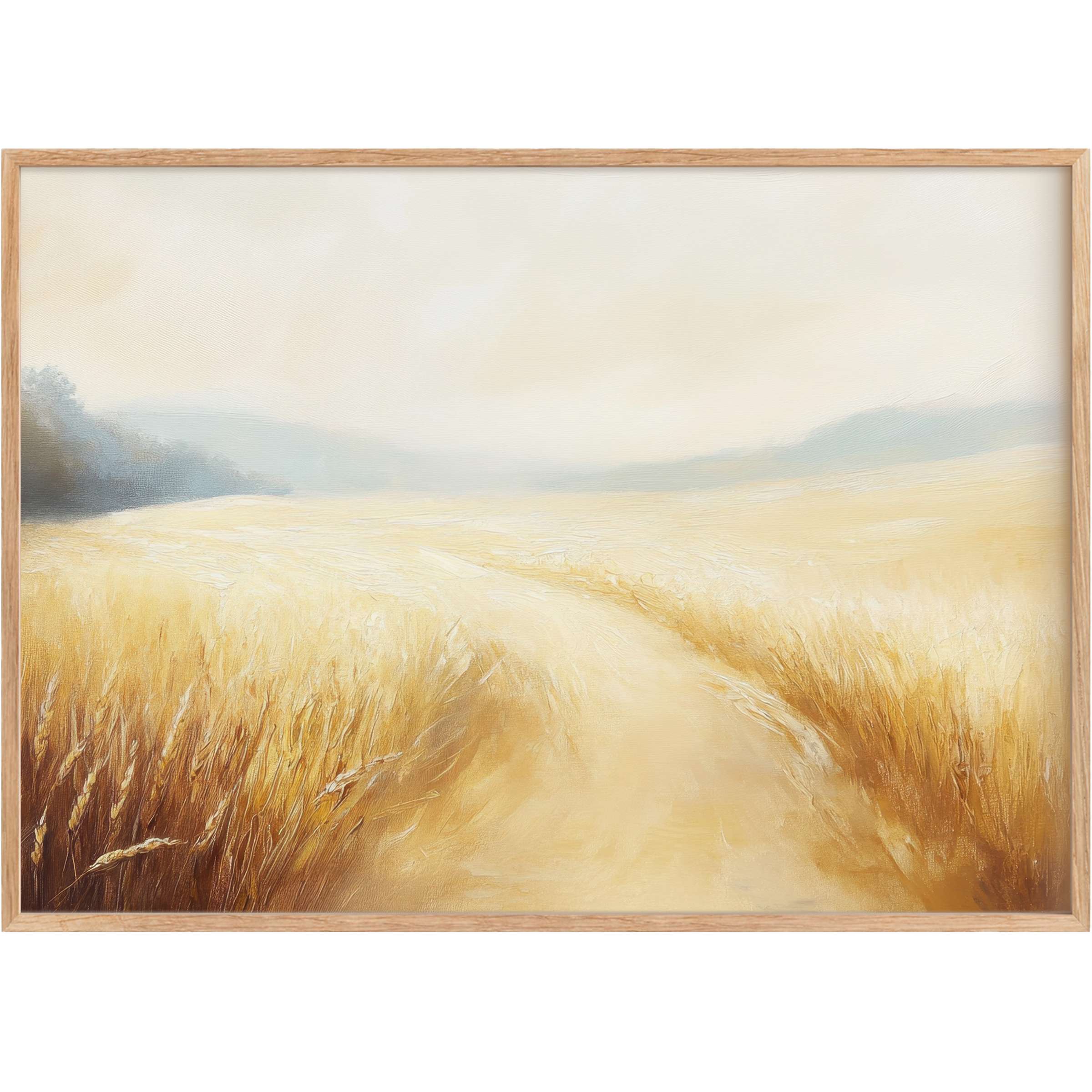 Golden wheat fields bathed in soft sunlight evoke a calming warmth in this landscape printable wall art